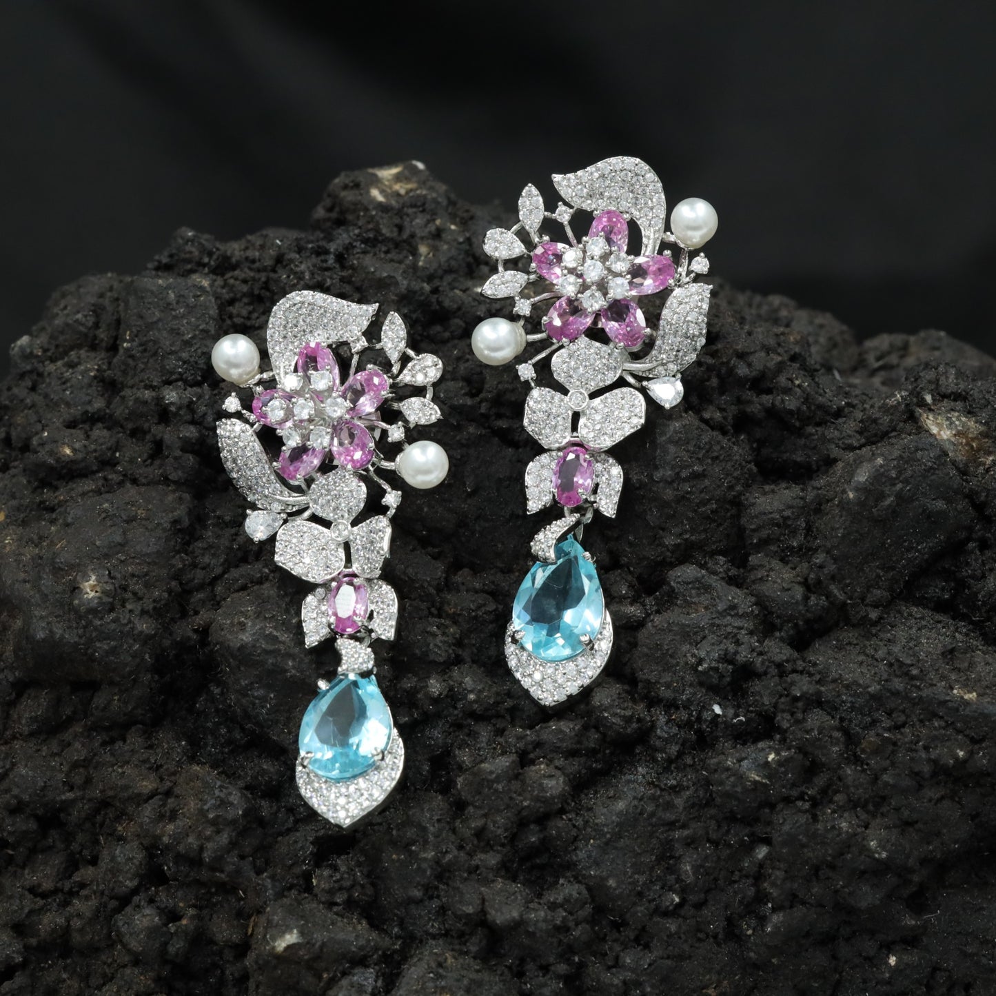 Floral Spray Rhodium Hanging Earrings with Pear Drop Accent