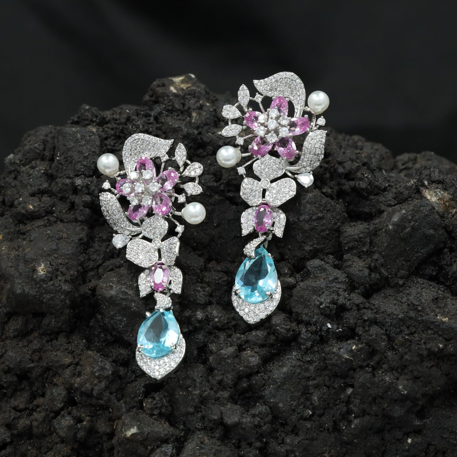 Floral Spray Rhodium Hanging Earrings with Pear Drop Accent