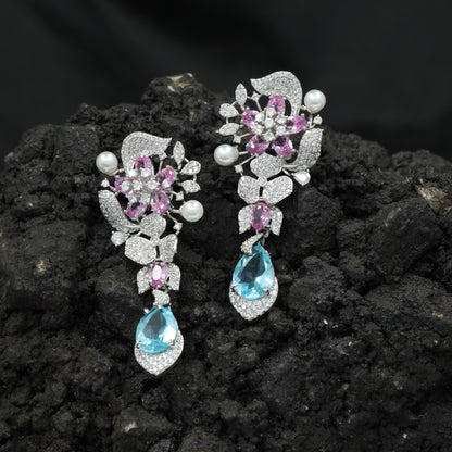 Floral Spray Rhodium Hanging Earrings with Pear Drop Accent