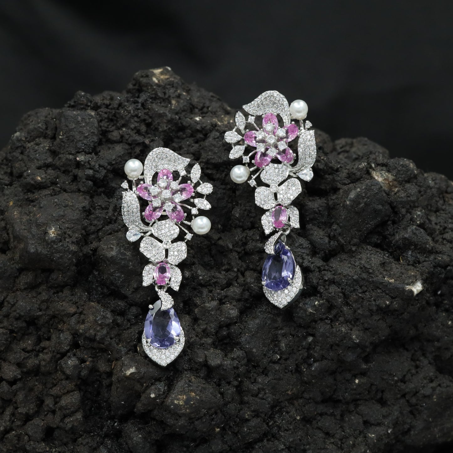 Floral Spray Rhodium Hanging Earrings with Pear Drop Accent