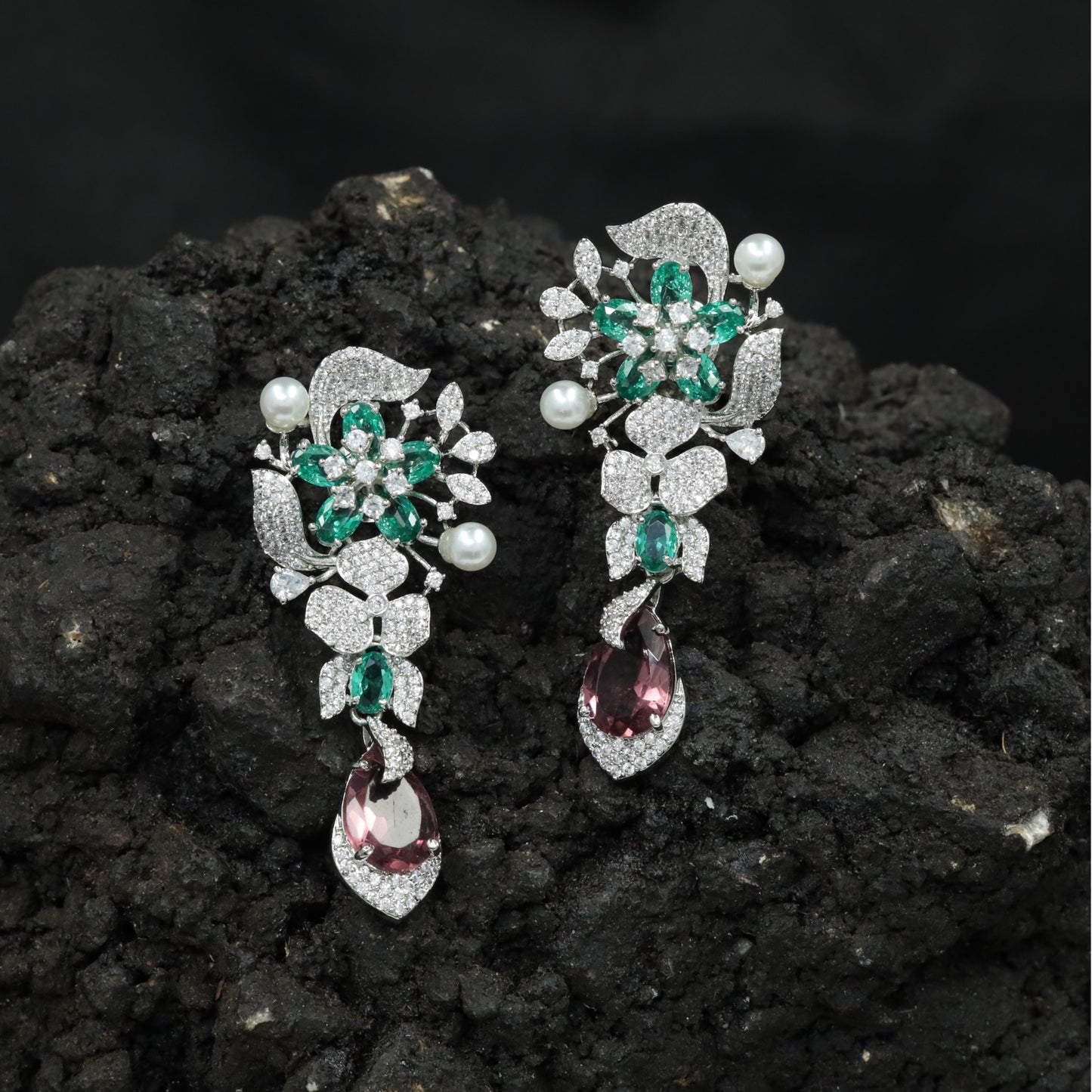Floral Spray Rhodium Hanging Earrings with Pear Drop Accent