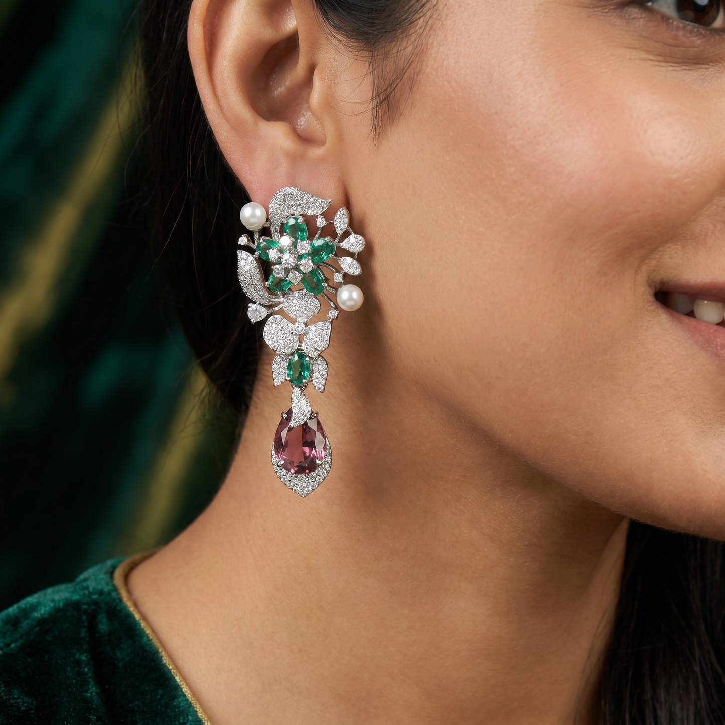 Floral Spray Rhodium Hanging Earrings with Pear Drop Accent
