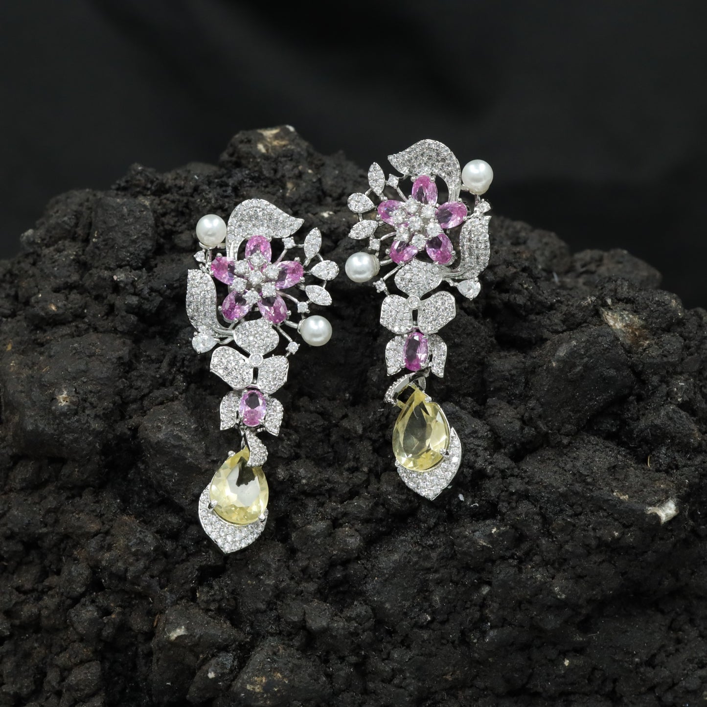 Floral Spray Rhodium Hanging Earrings with Pear Drop Accent