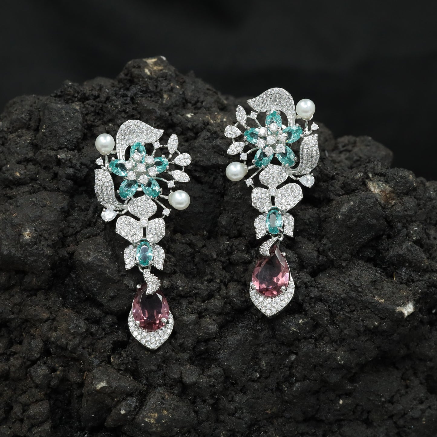 Floral Spray Rhodium Hanging Earrings with Pear Drop Accent