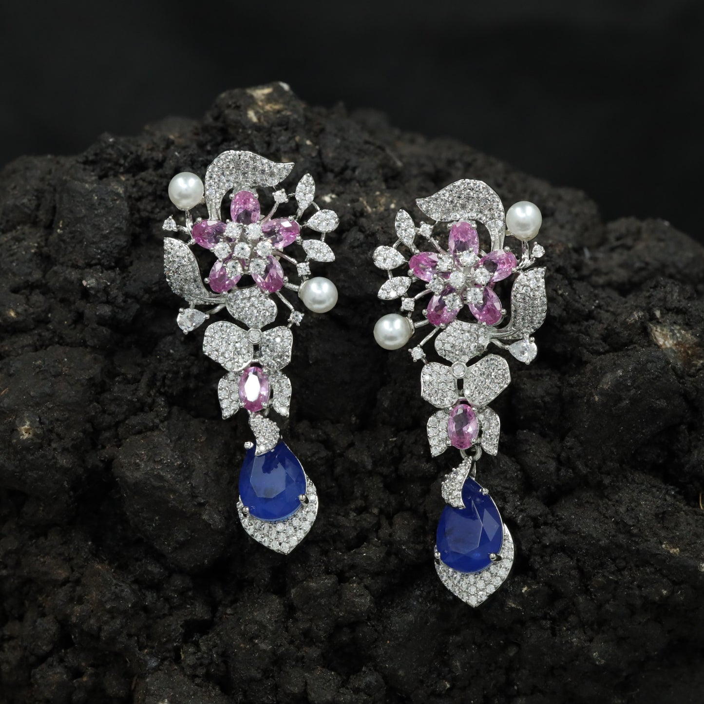 Floral Spray Rhodium Hanging Earrings with Pear Drop Accent