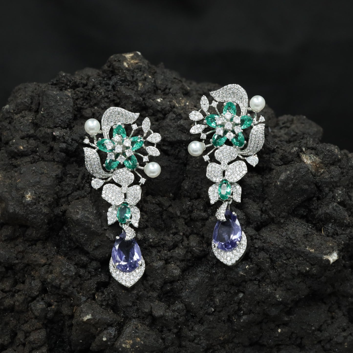 Floral Spray Rhodium Hanging Earrings with Pear Drop Accent