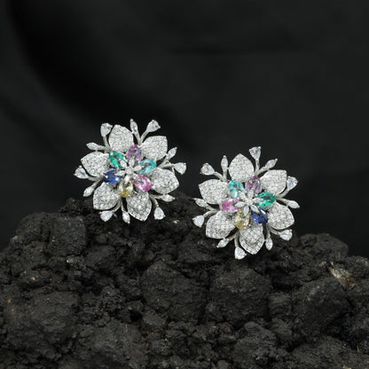 Botanical Rhodium Studs with Intricate Floral Petals and Leaf Details
