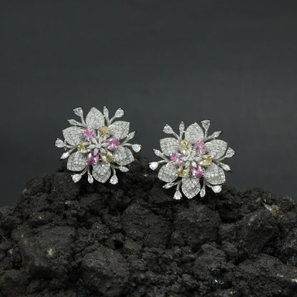Signature Exclusive Rhodium Stud with Broad Petal Forms and Intricate Floral Centre