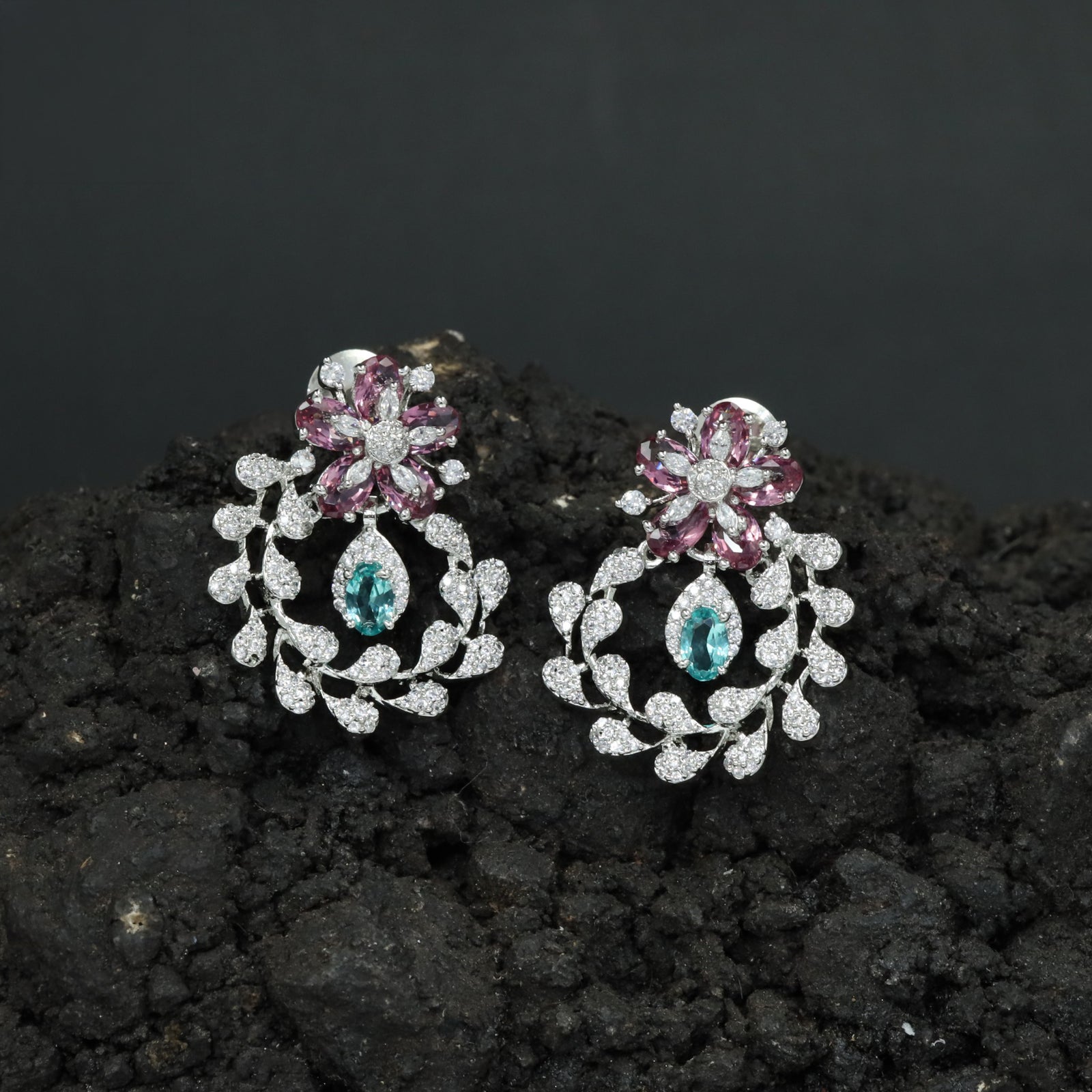 Floral Rhodium Stud with Open Leaf Wreath and Oval Centre Drop