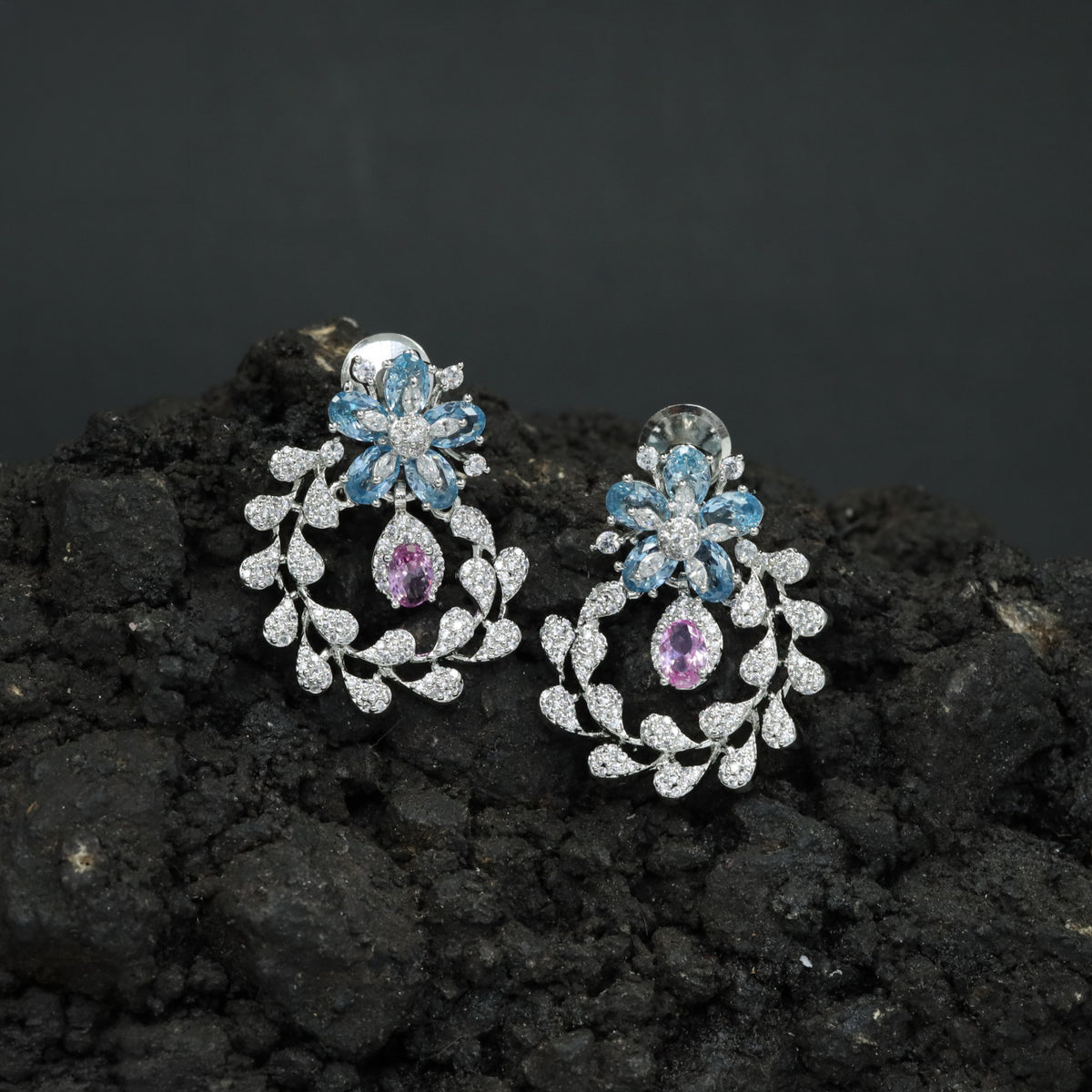 Rhodium Floral Stud with Open Leaf Wreath