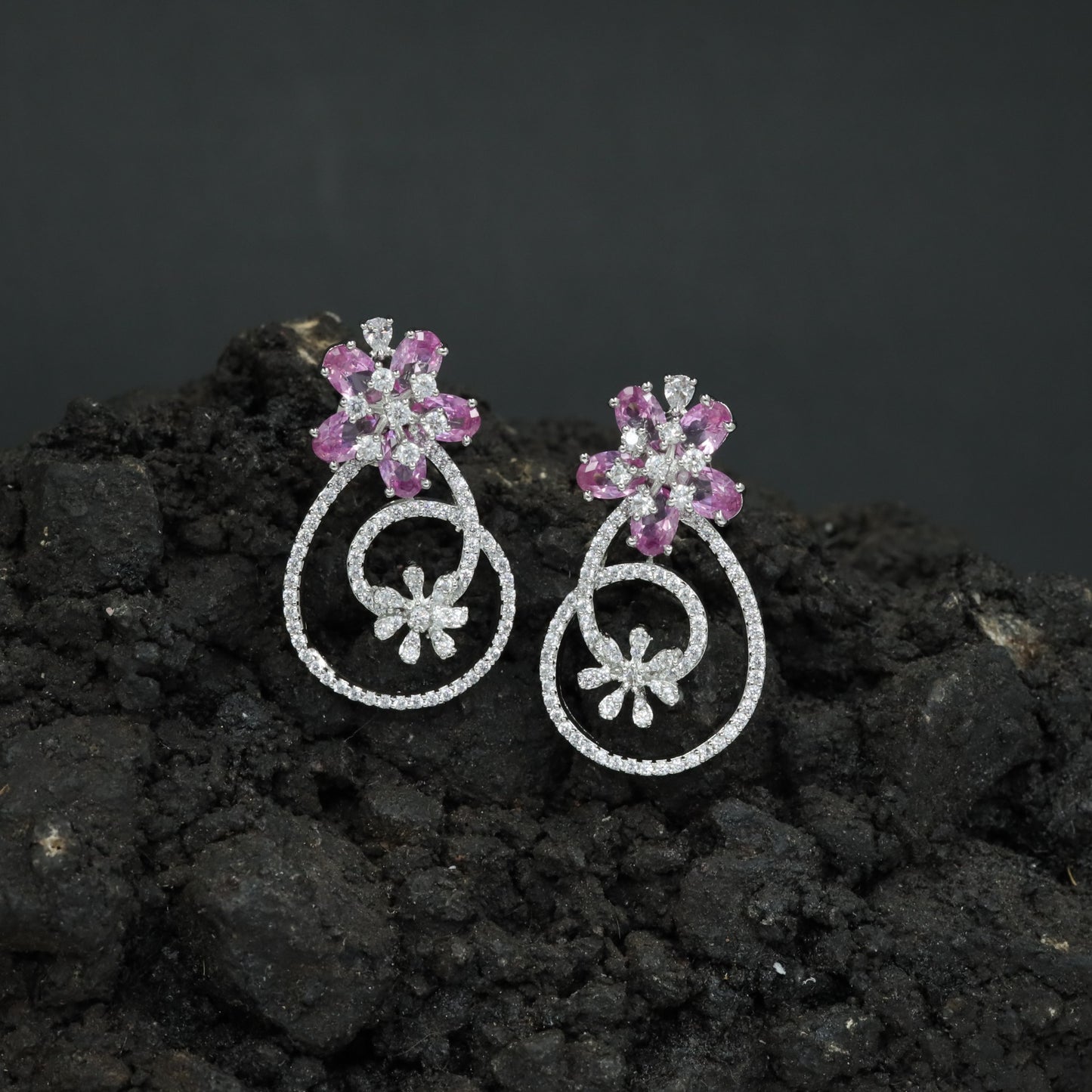 Decorative Hoop Stud Earrings with Blossom Center Accent