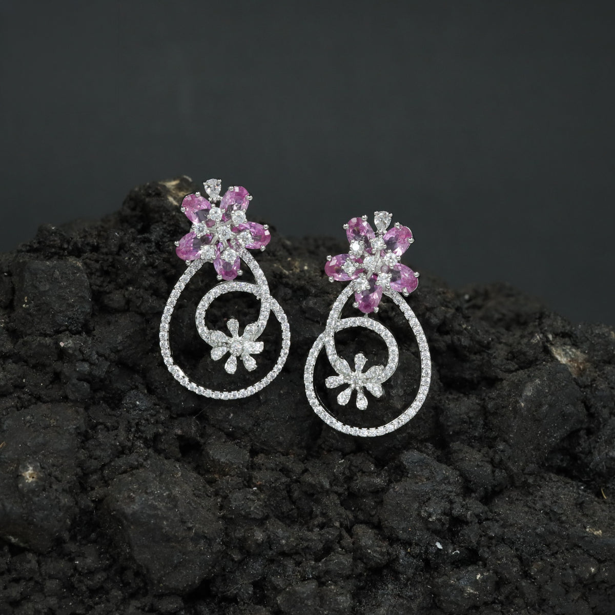 Rhodium Oval Frame Stud with Inner Flower