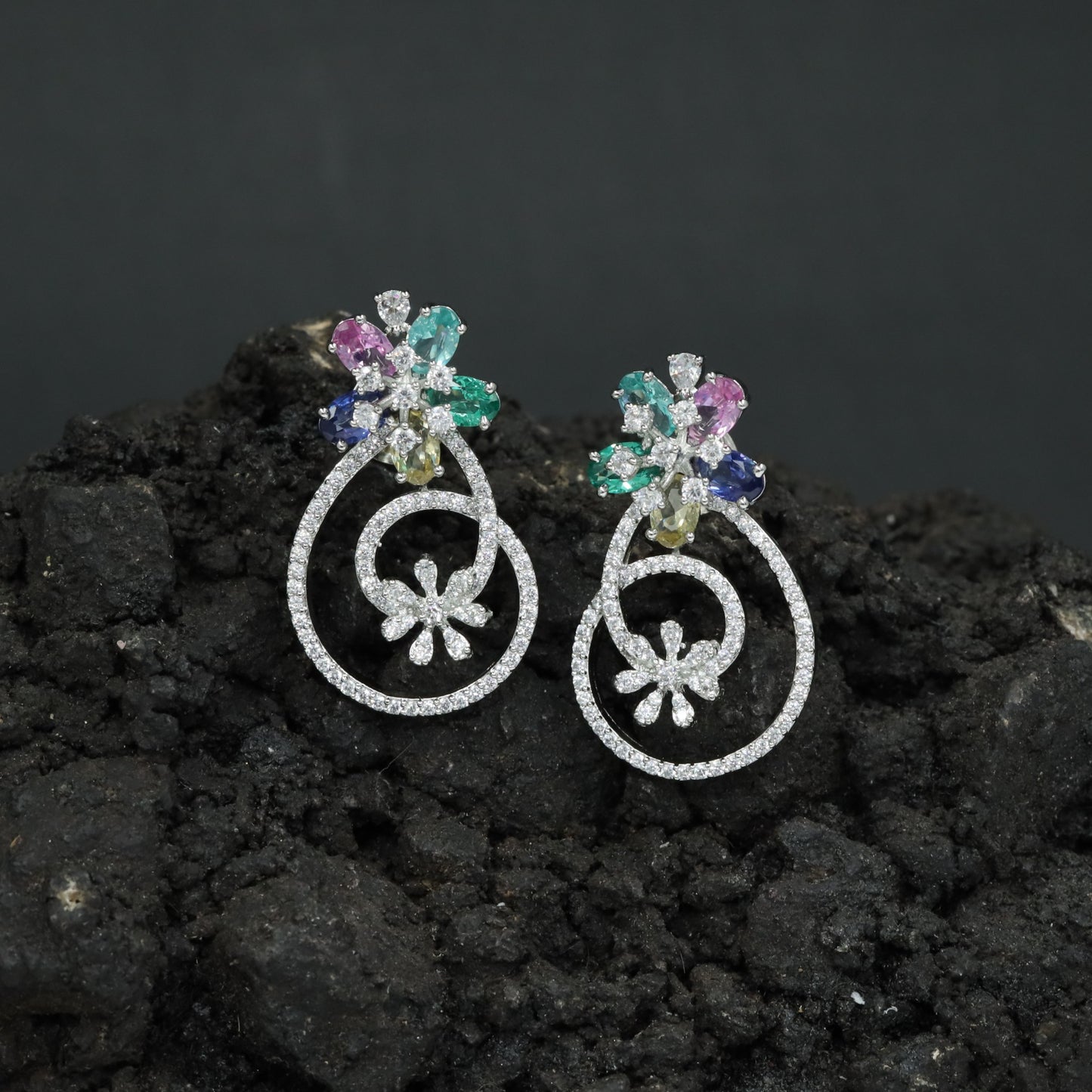 Decorative Hoop Stud Earrings with Blossom Center Accent