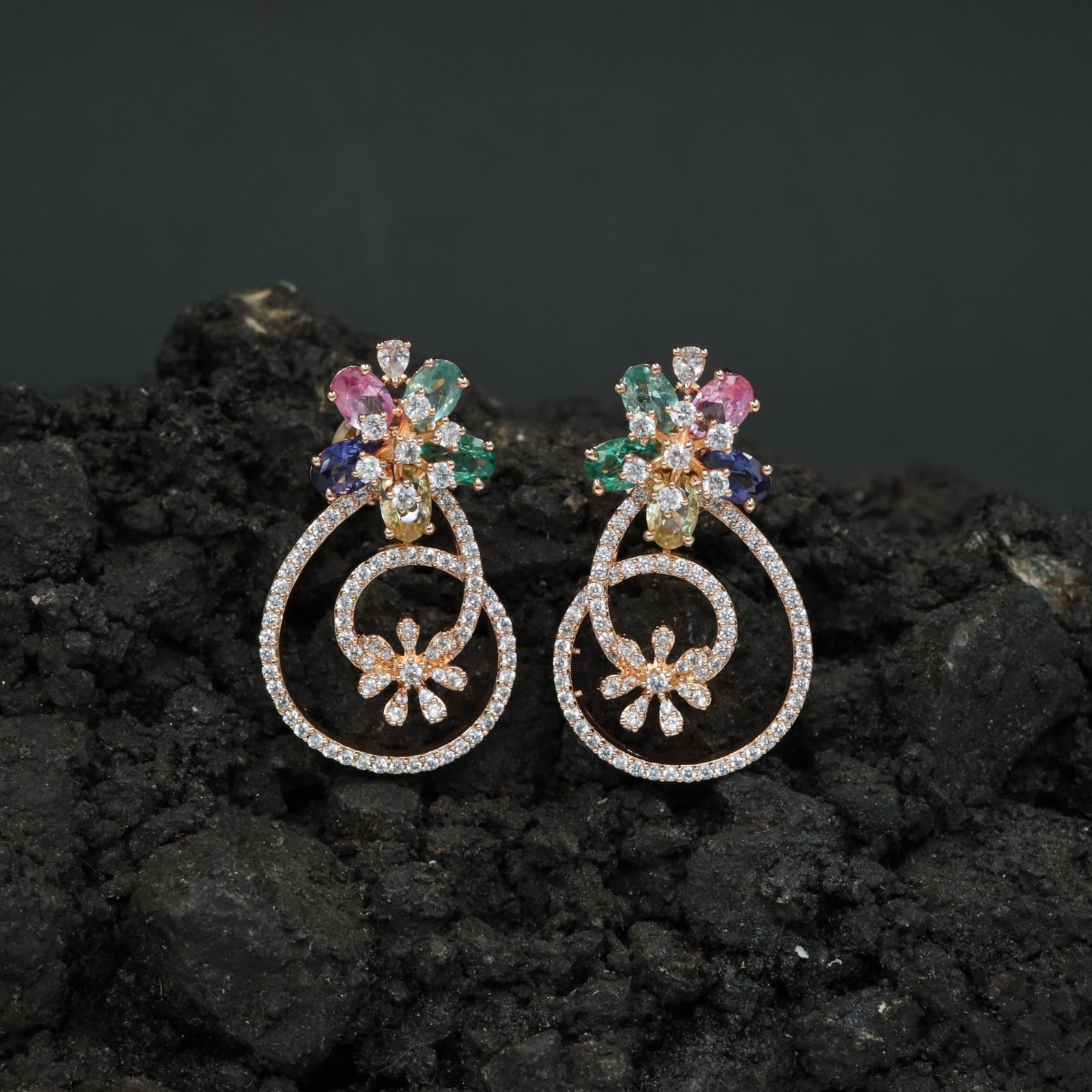 Decorative Hoop Stud Earrings with Blossom Center Accent