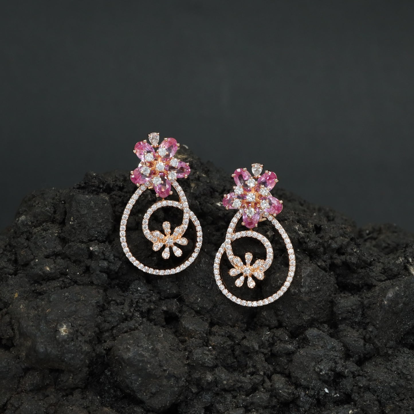 Decorative Hoop Stud Earrings with Blossom Center Accent