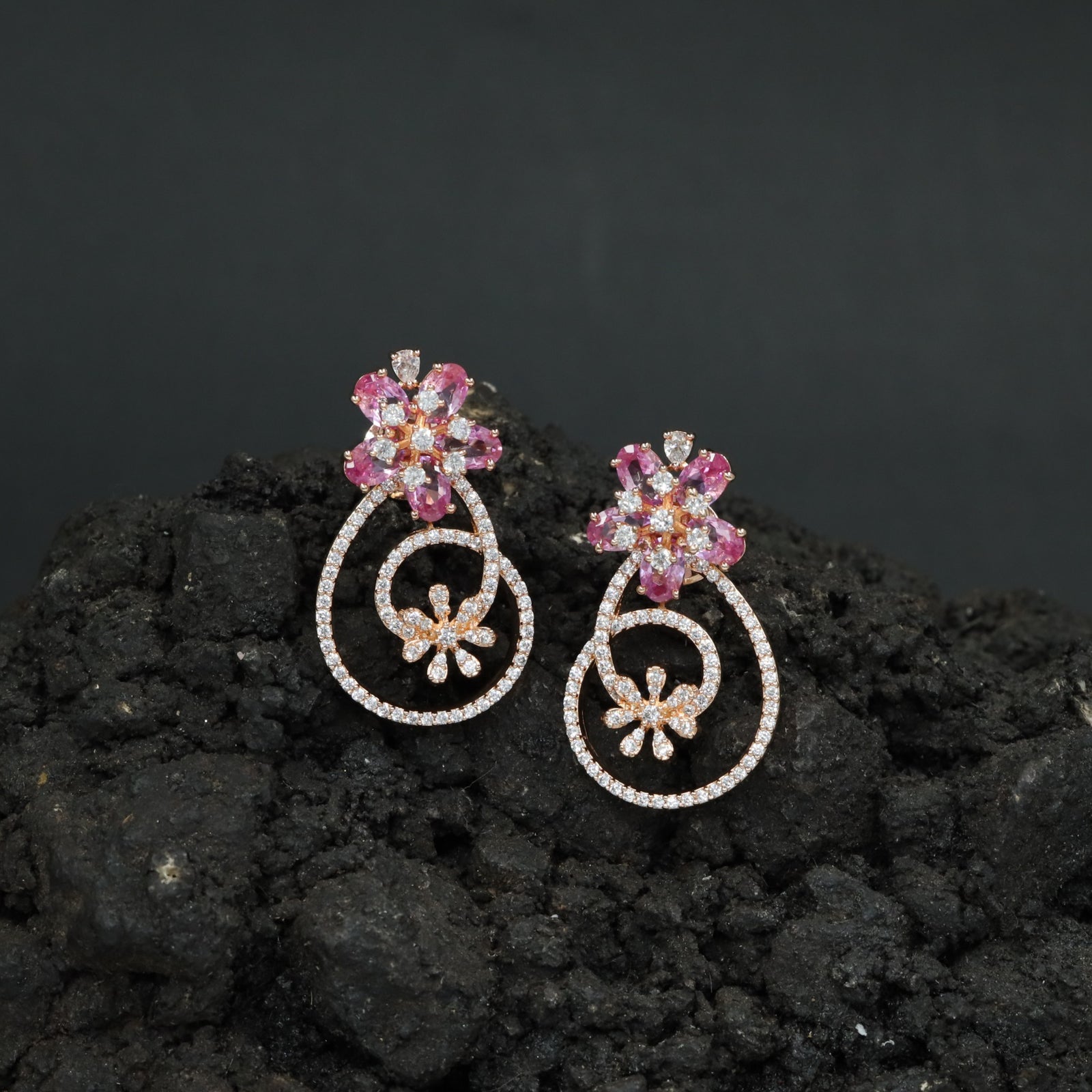 Decorative Hoop Stud Earrings with Blossom Center Accent