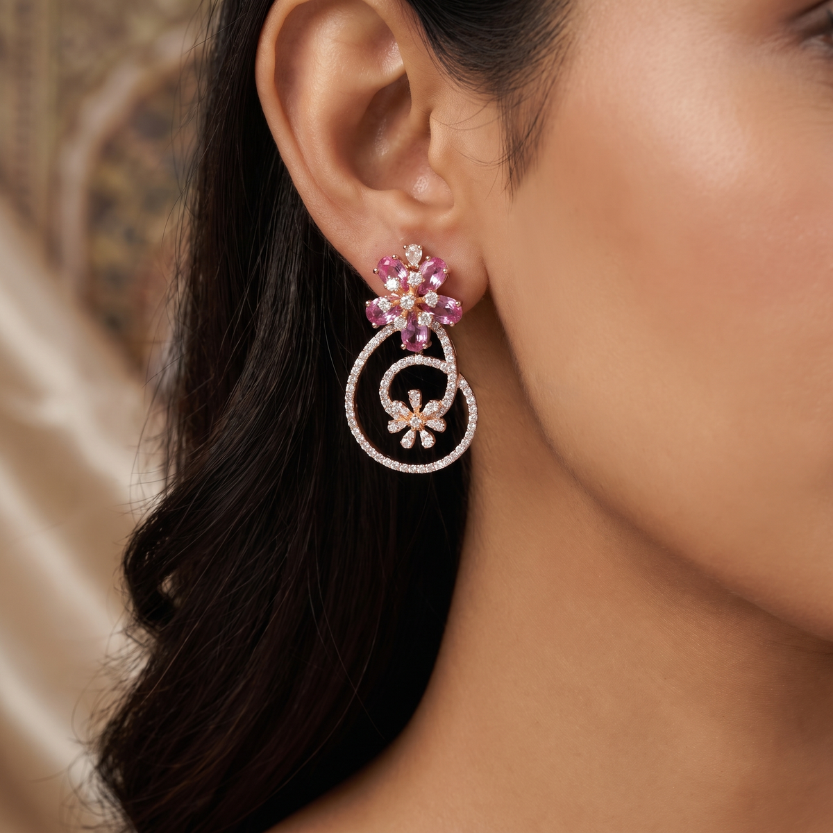 Decorative Hoop Stud Earrings with Blossom Center Accent