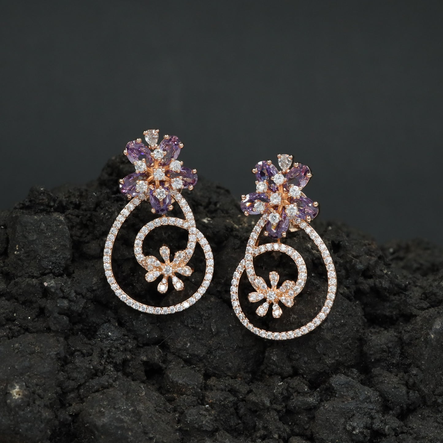 Decorative Hoop Stud Earrings with Blossom Center Accent