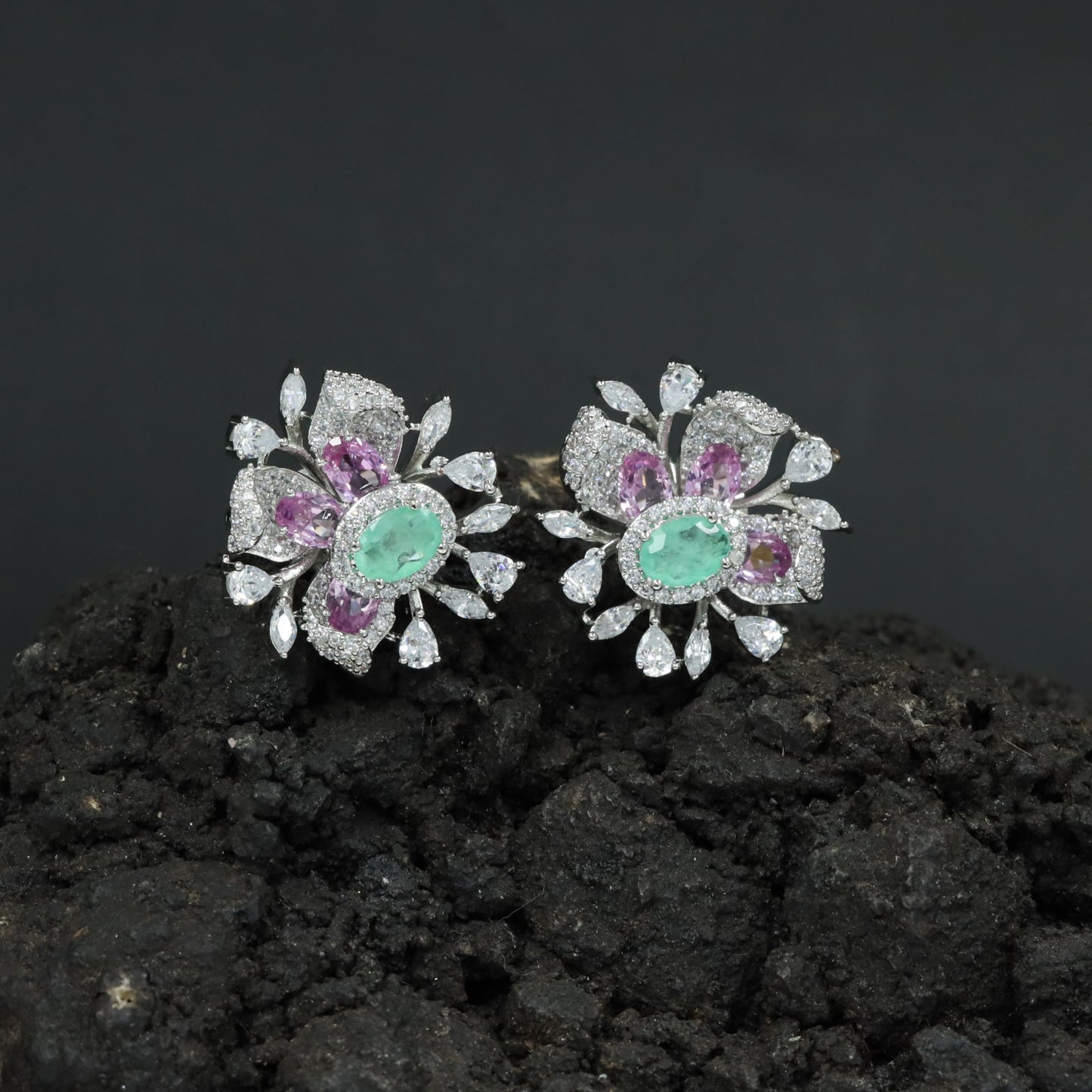 Round Floral Stud Earrings with Layered Botanical Pattern