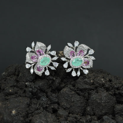 Round Floral Stud Earrings with Layered Botanical Pattern