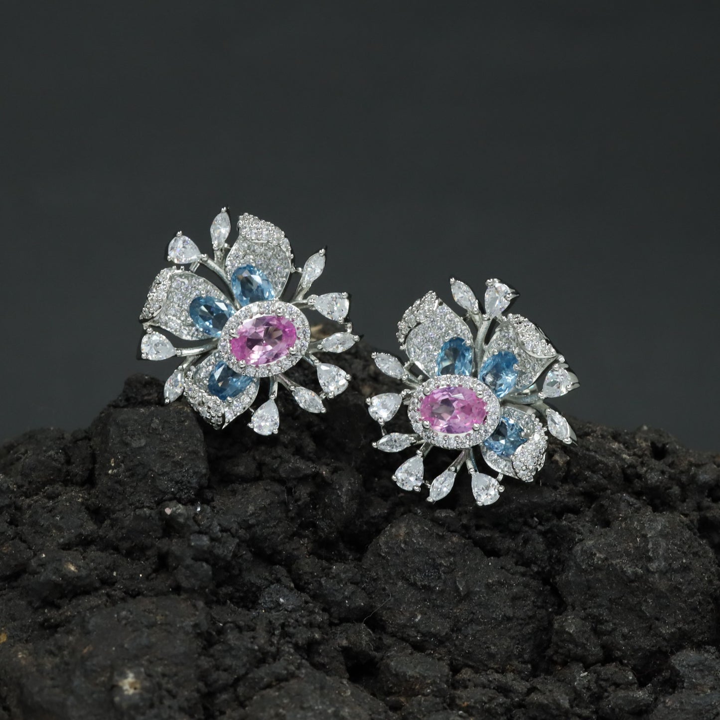 Round Floral Stud Earrings with Layered Botanical Pattern