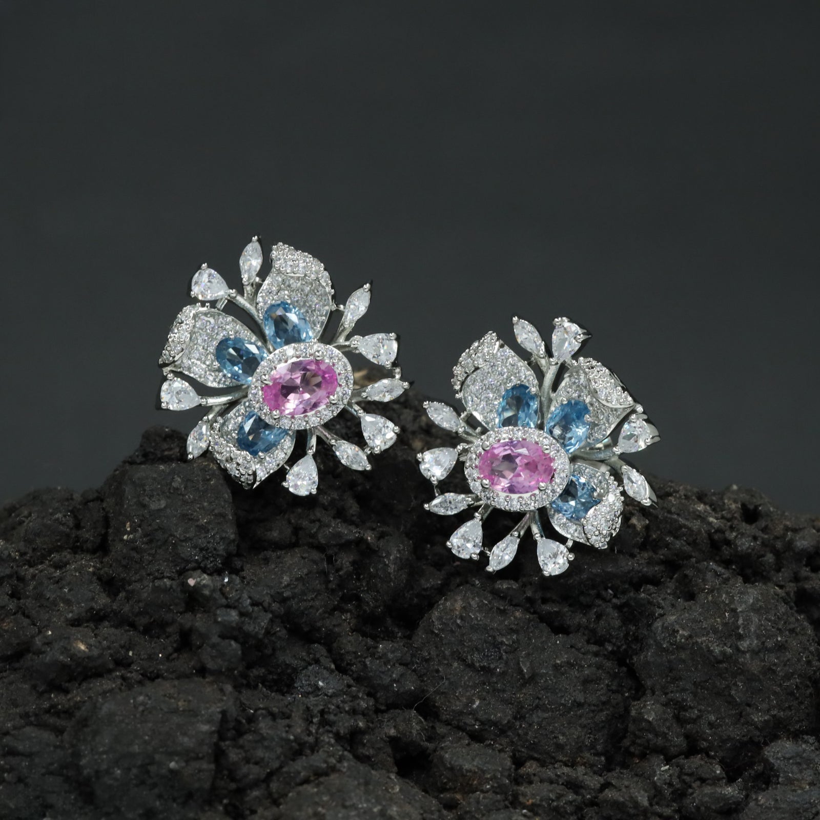 Radiant Exclusive Rhodium Stud with Oval Centre and Sculpted Floral Petals