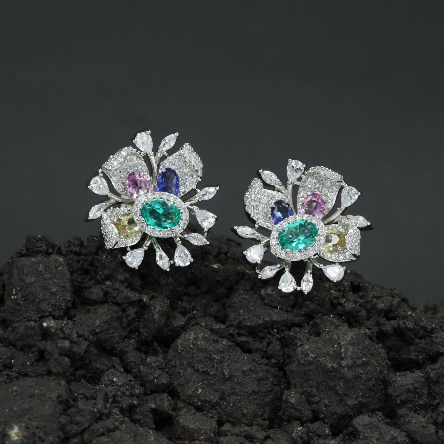 Round Floral Stud Earrings with Layered Botanical Pattern