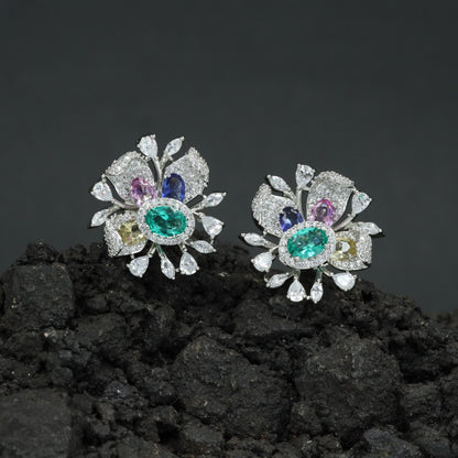 Radiant Exclusive Rhodium Stud with Oval Centre and Sculpted Floral Petals