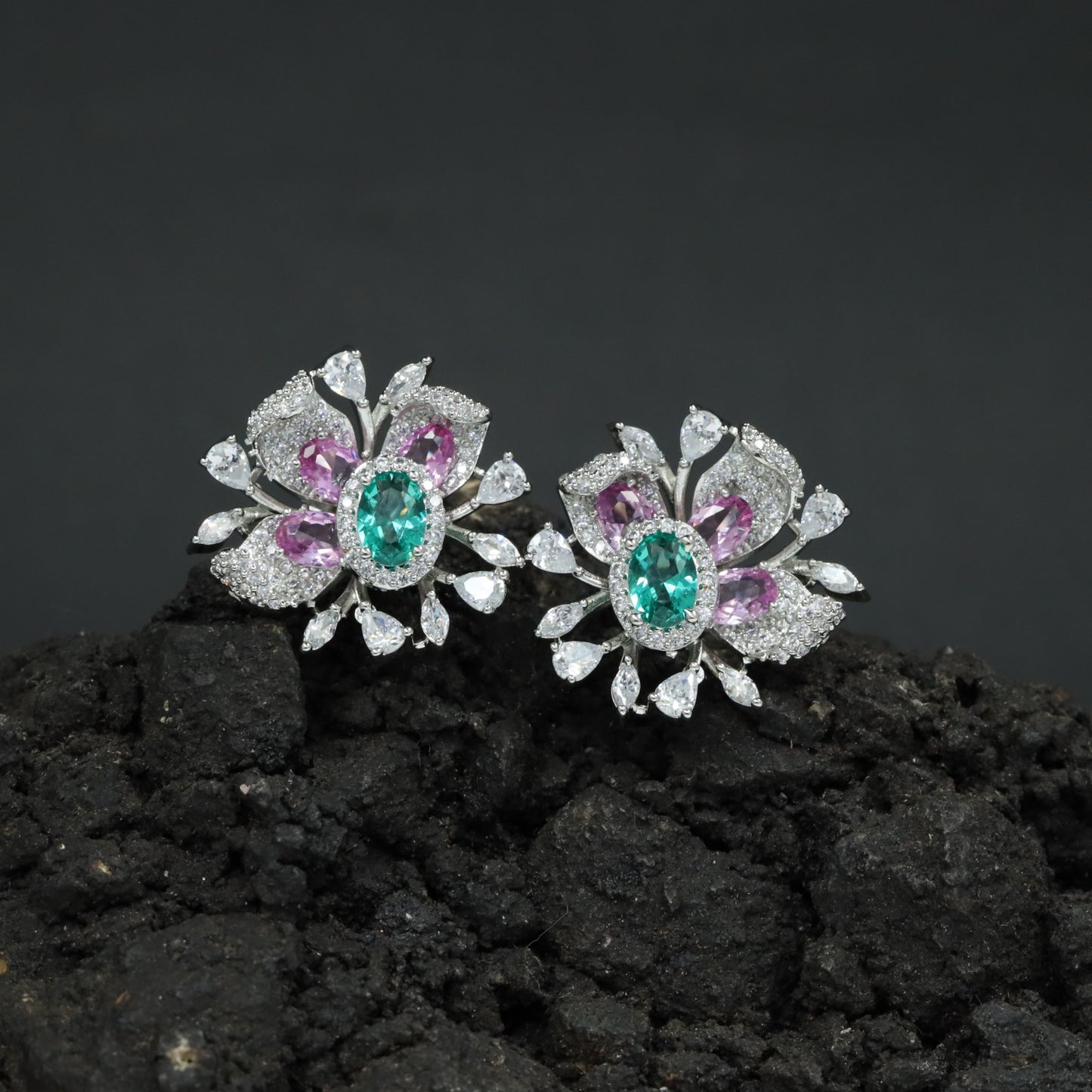 Round Floral Stud Earrings with Layered Botanical Pattern