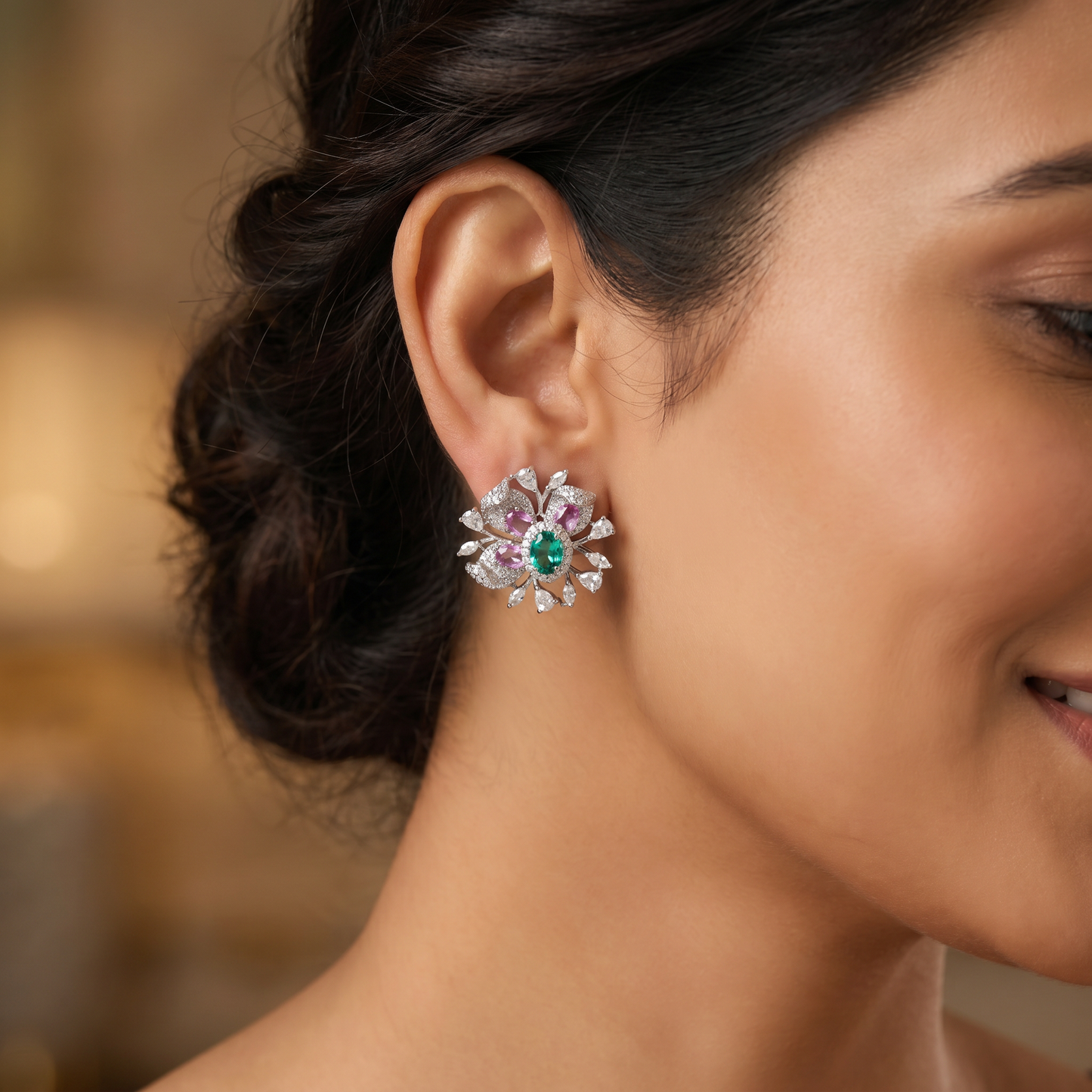 Round Floral Stud Earrings with Layered Botanical Pattern