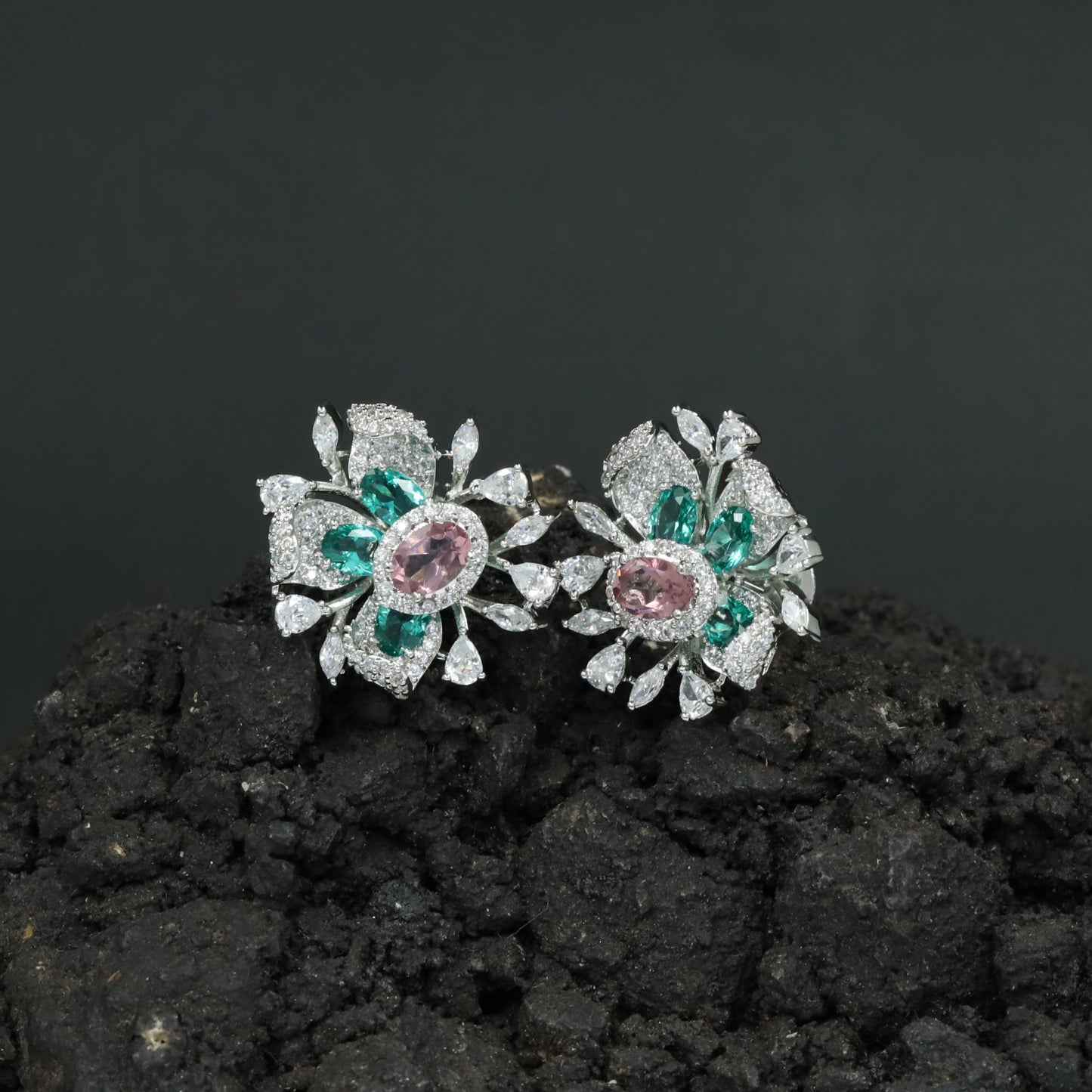 Round Floral Stud Earrings with Layered Botanical Pattern