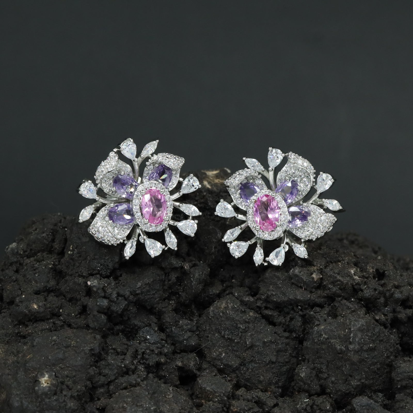 Round Floral Stud Earrings with Layered Botanical Pattern