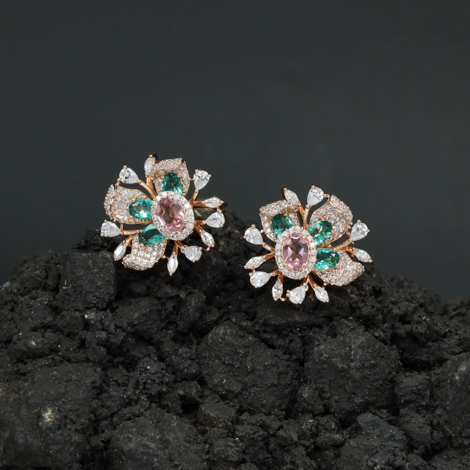 Round Floral Stud Earrings with Layered Botanical Pattern