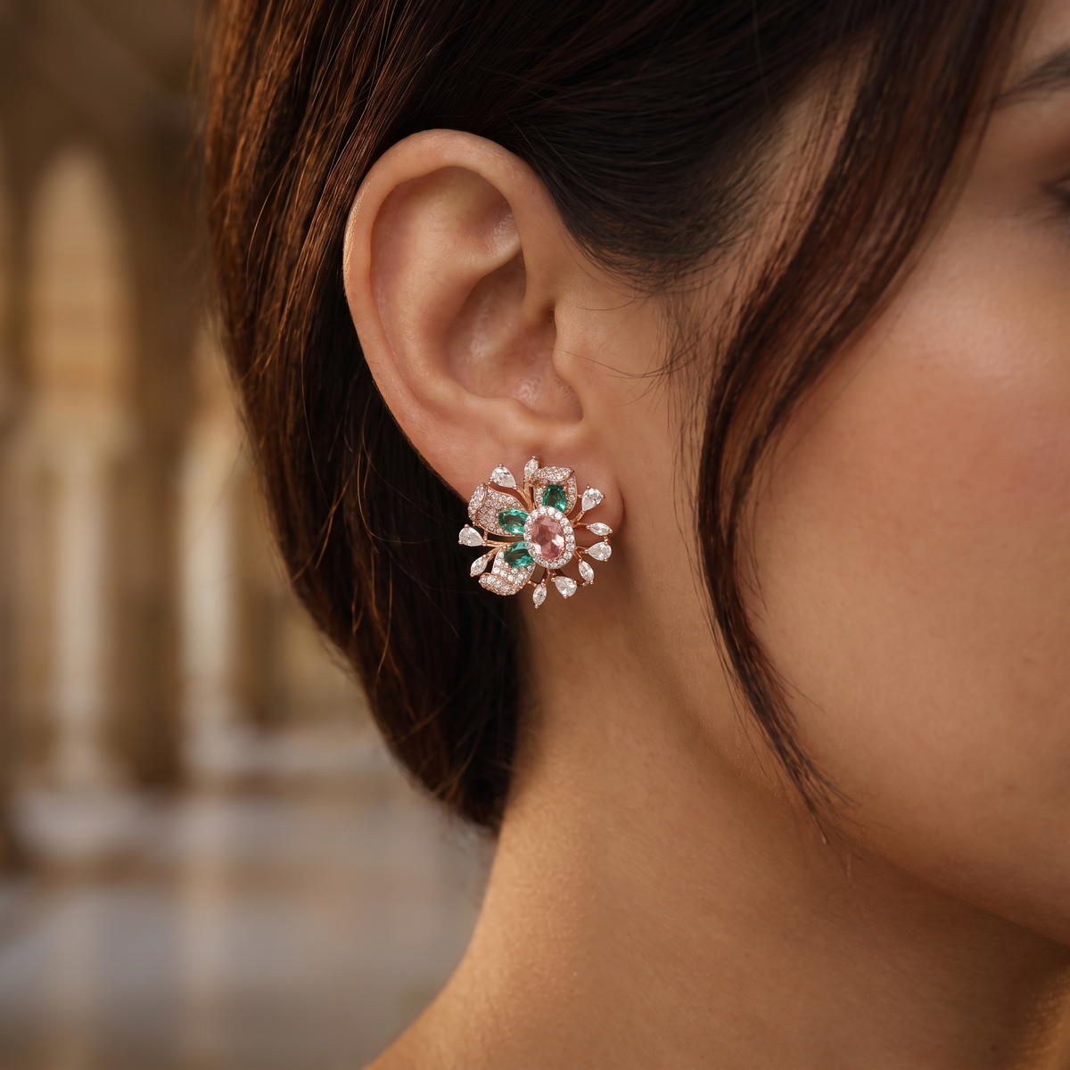 Round Floral Stud Earrings with Layered Botanical Pattern