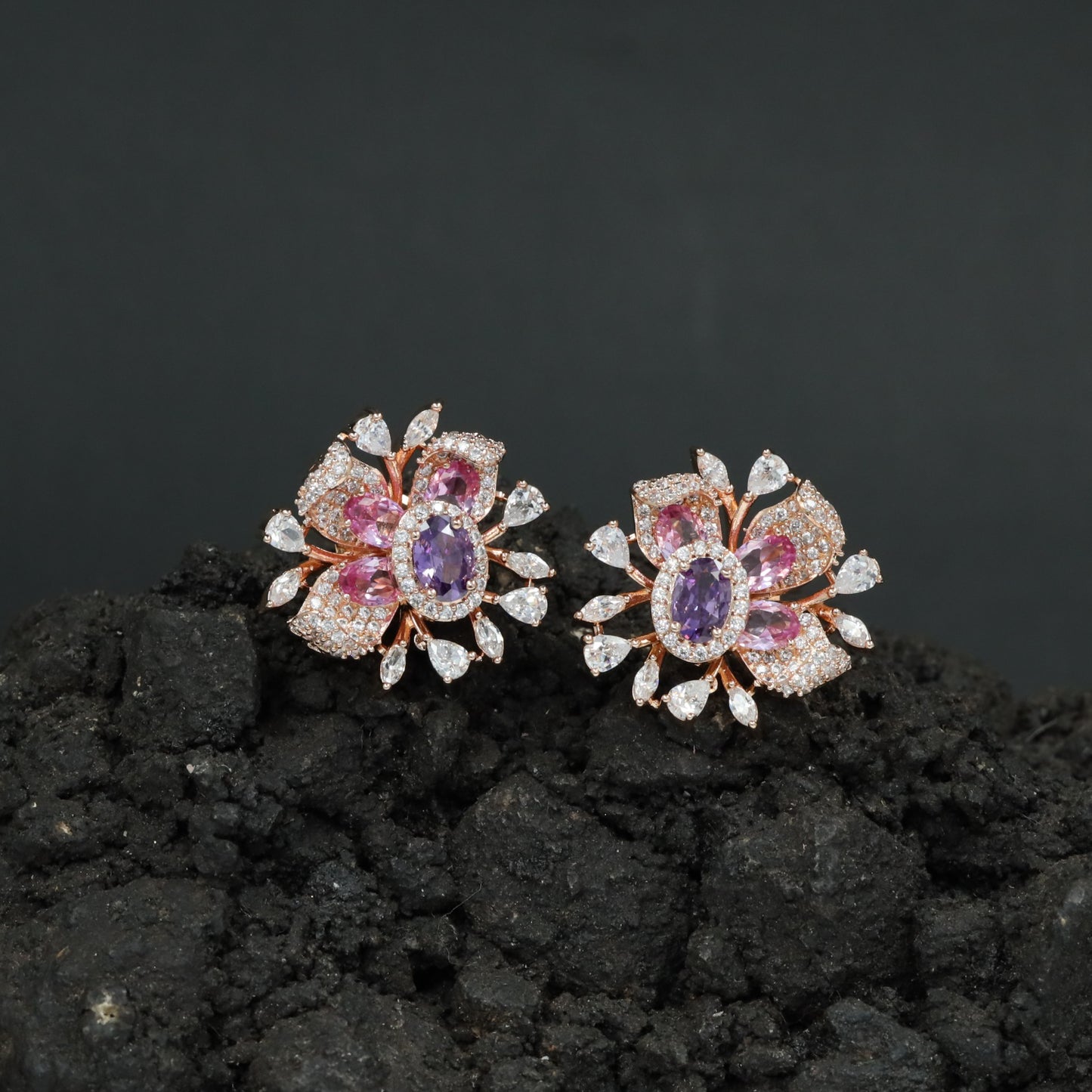 Round Floral Stud Earrings with Layered Botanical Pattern