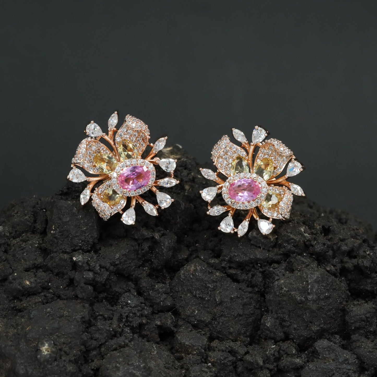 Round Floral Stud Earrings with Layered Botanical Pattern