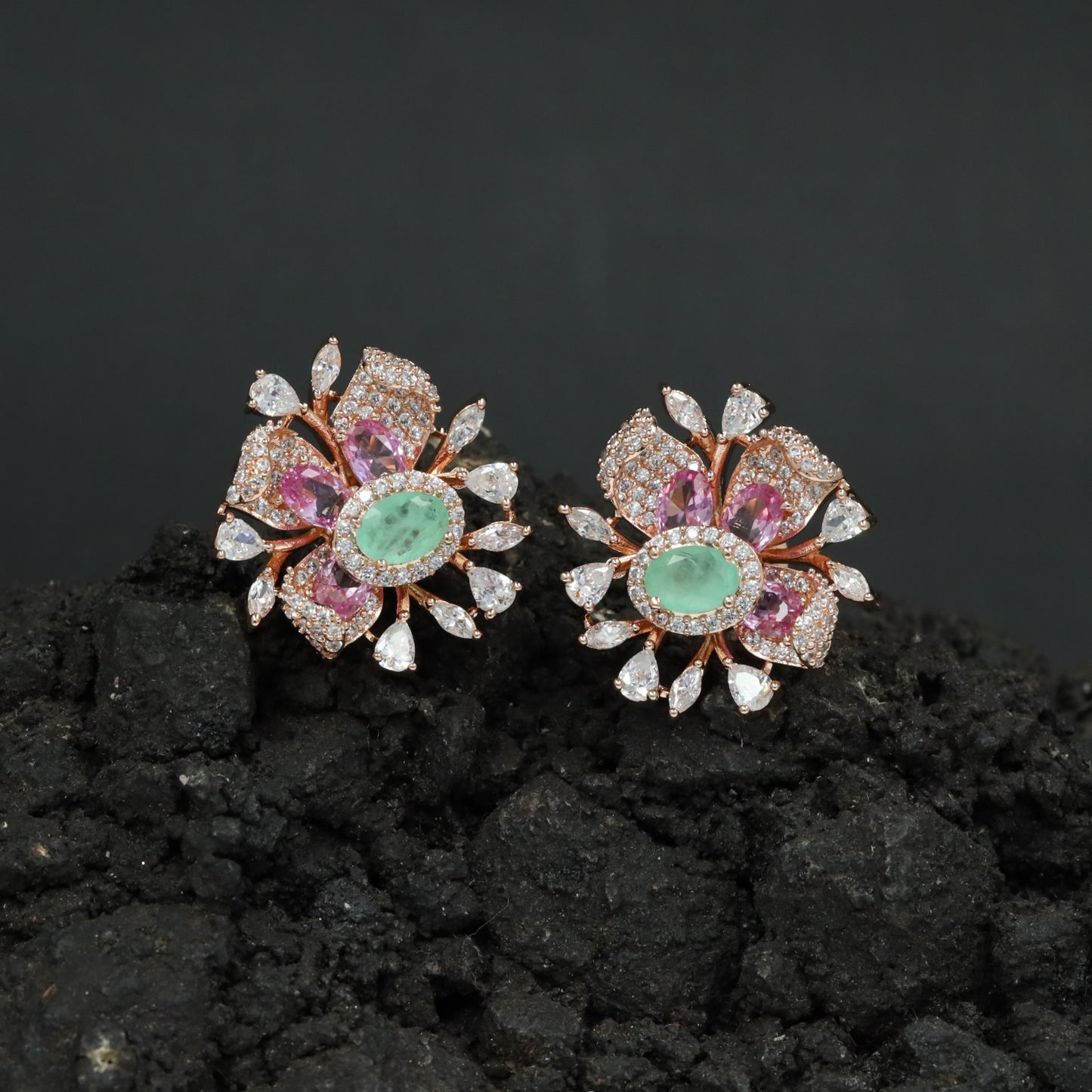 Round Floral Stud Earrings with Layered Botanical Pattern