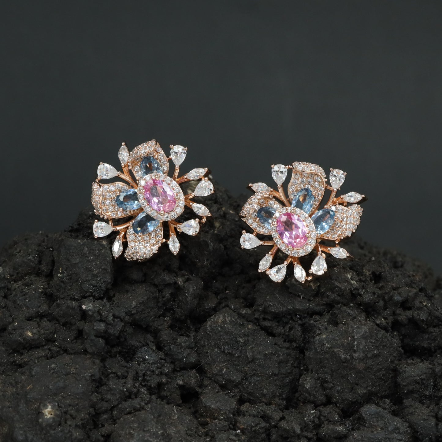 Round Floral Stud Earrings with Layered Botanical Pattern
