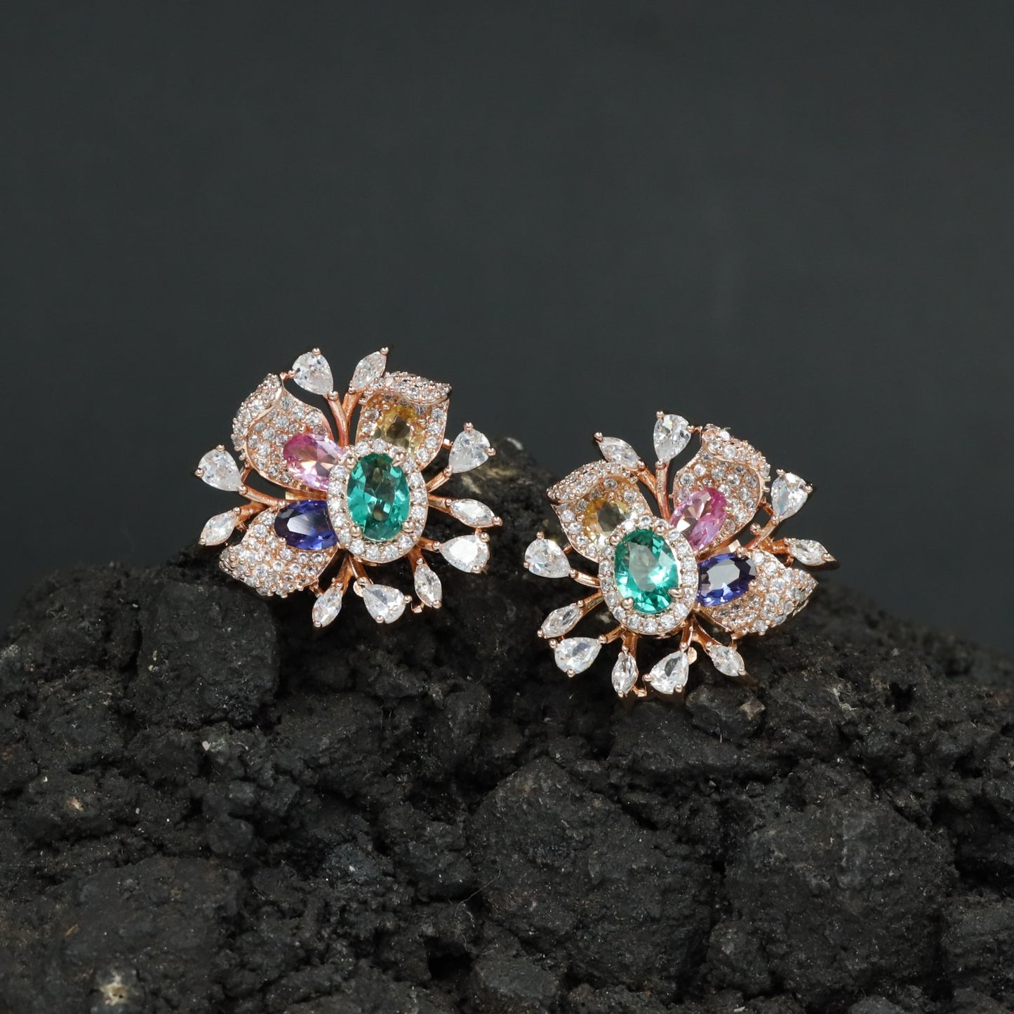 Round Floral Stud Earrings with Layered Botanical Pattern