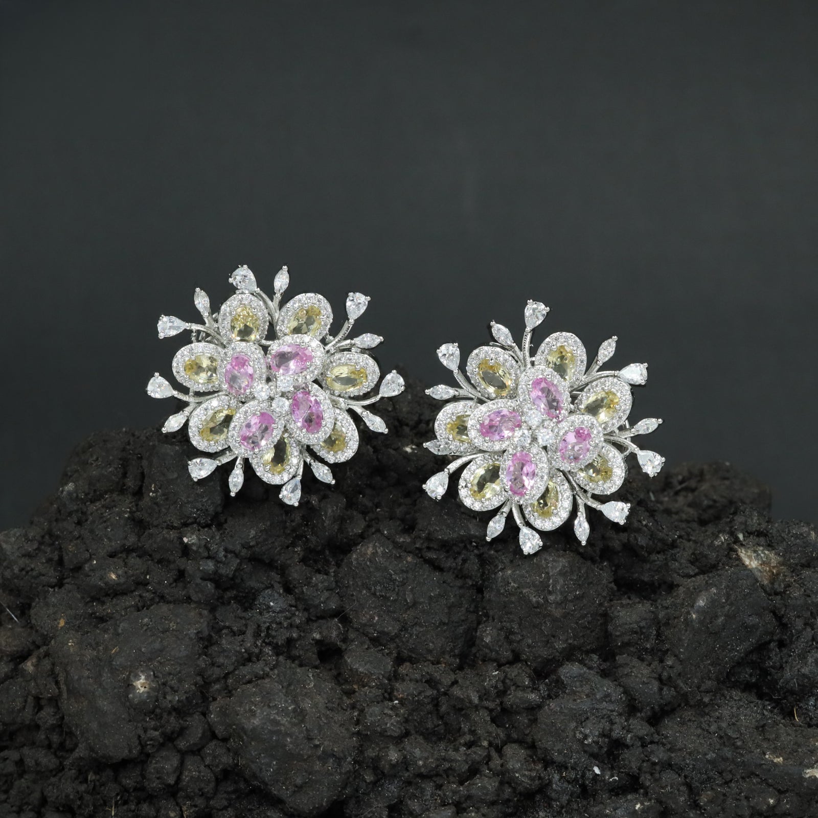Premium Rhodium Stud Crafted with Sculpted Oval Forms and Fine Botanical Accents