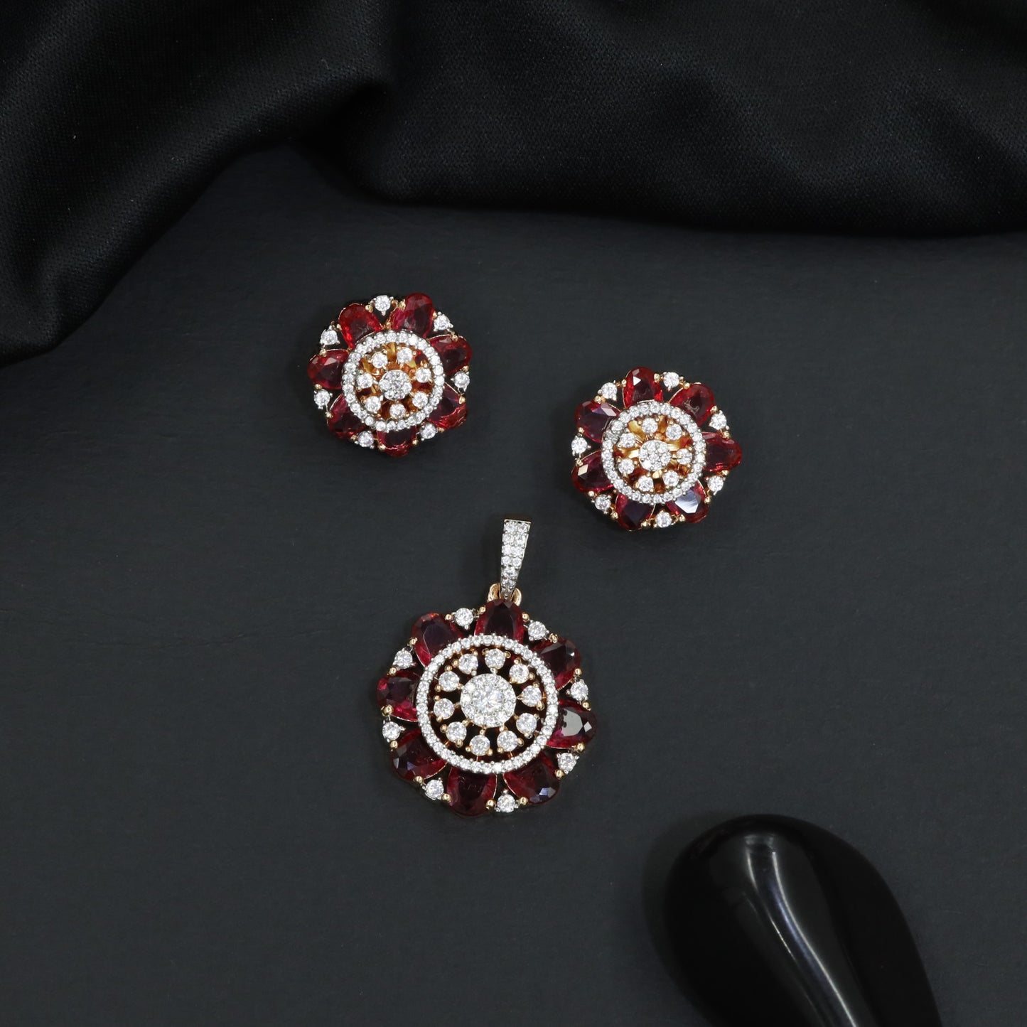 Designer pendant set featuring floral halo and circular styling
