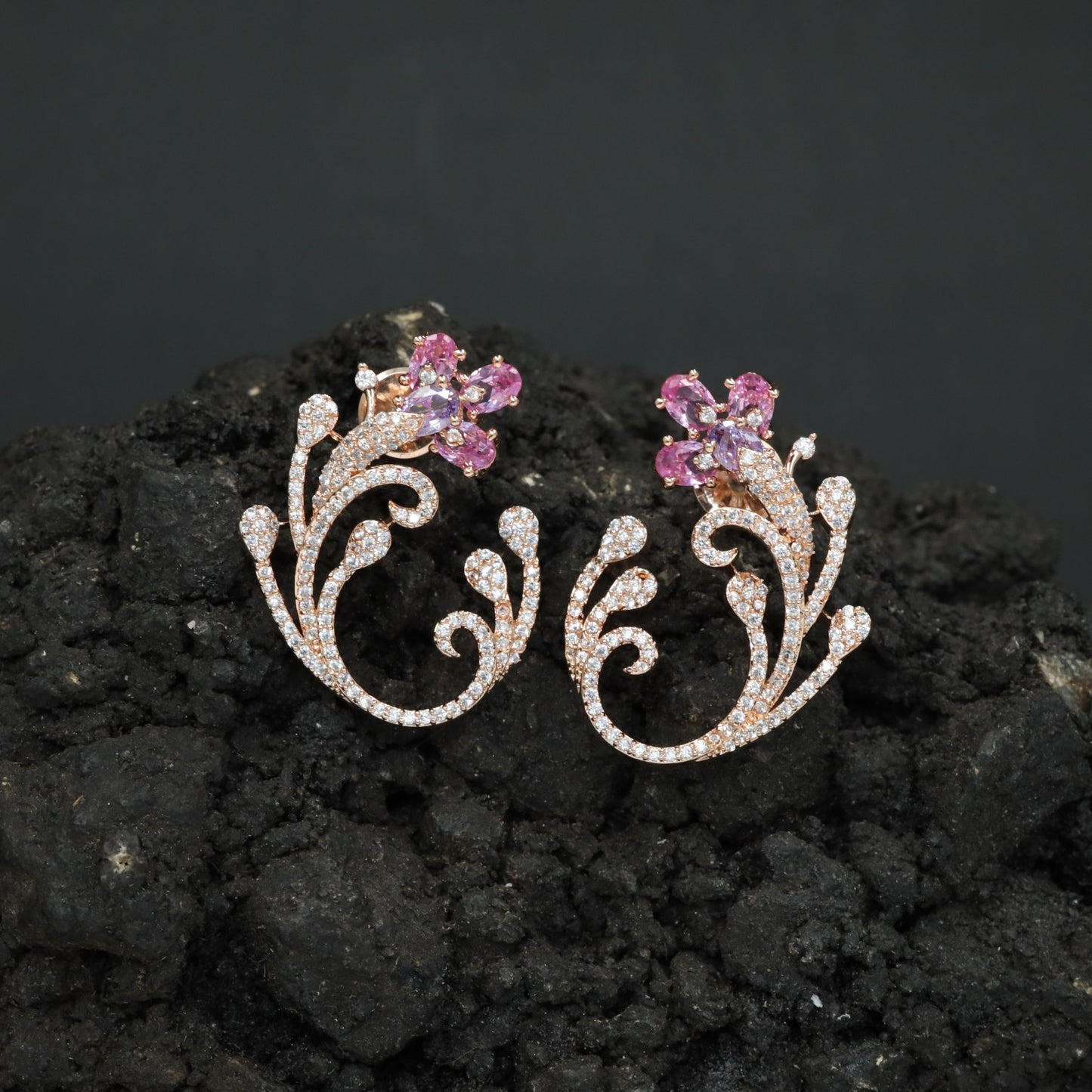 Decorative Floral Stud Earrings with Flowing Scroll Motif