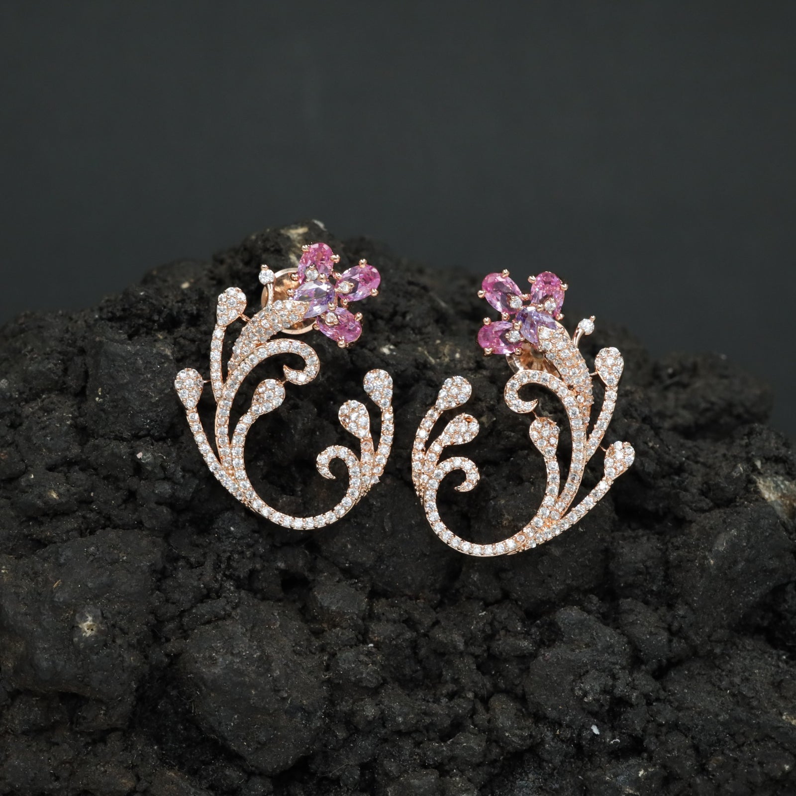 Decorative Floral Stud Earrings with Flowing Scroll Motif