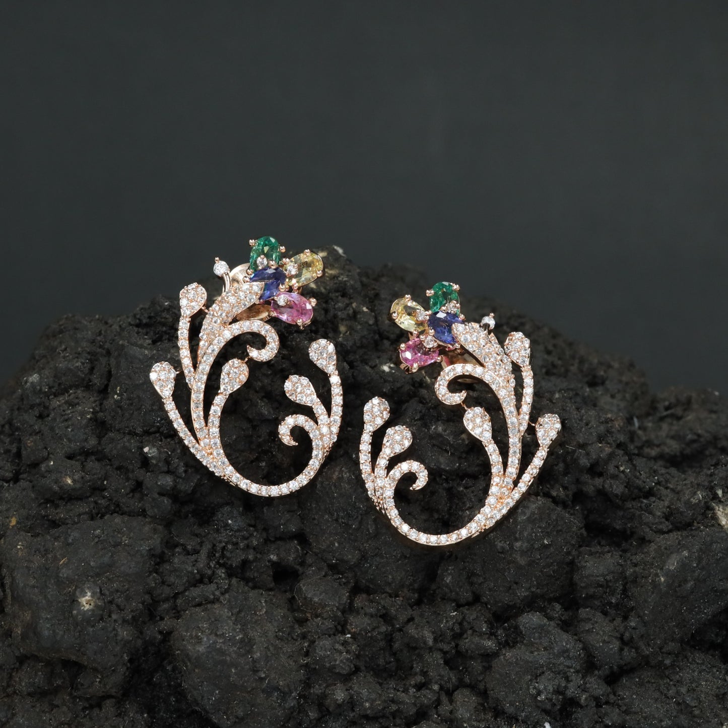 Decorative Floral Stud Earrings with Flowing Scroll Motif