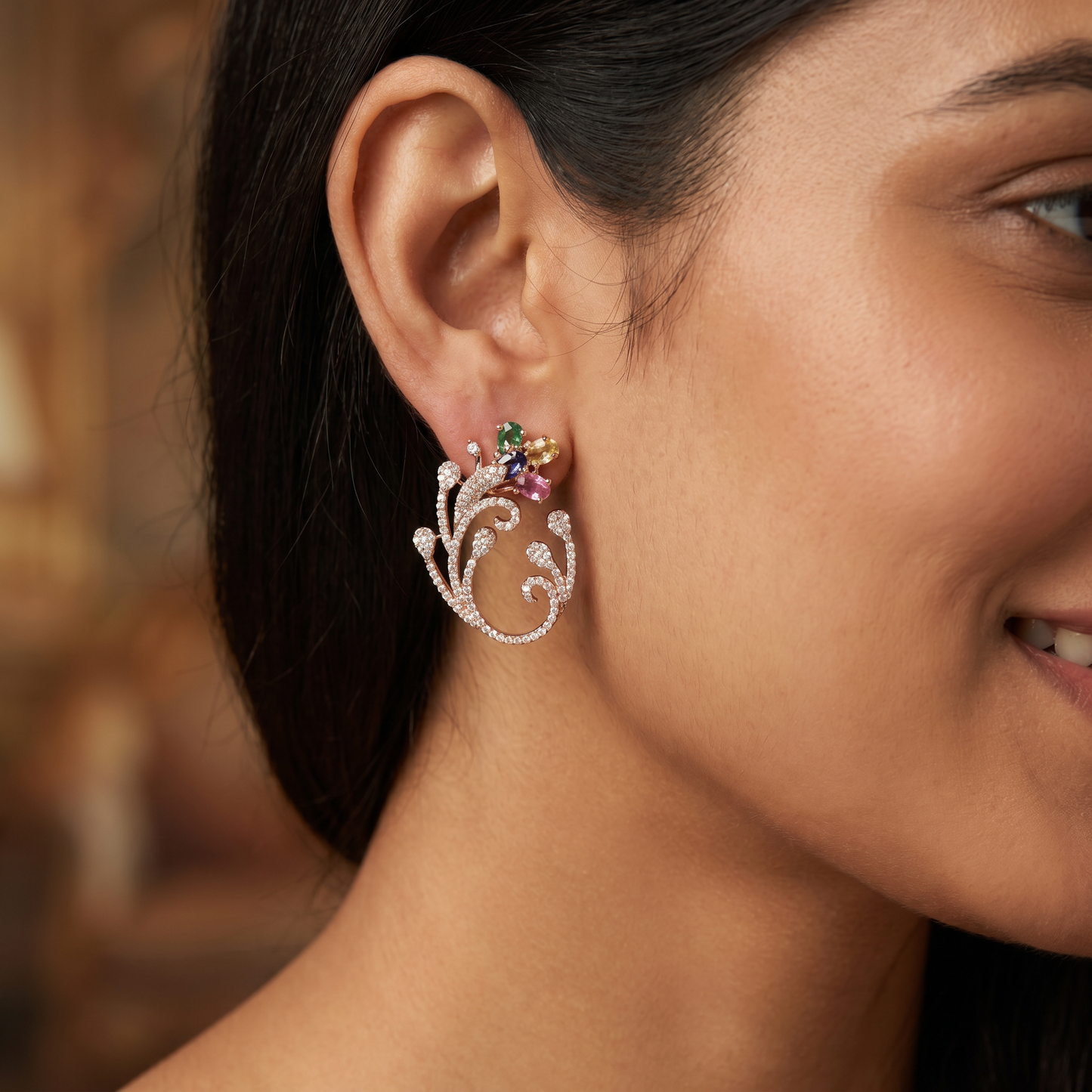 Decorative Floral Stud Earrings with Flowing Scroll Motif