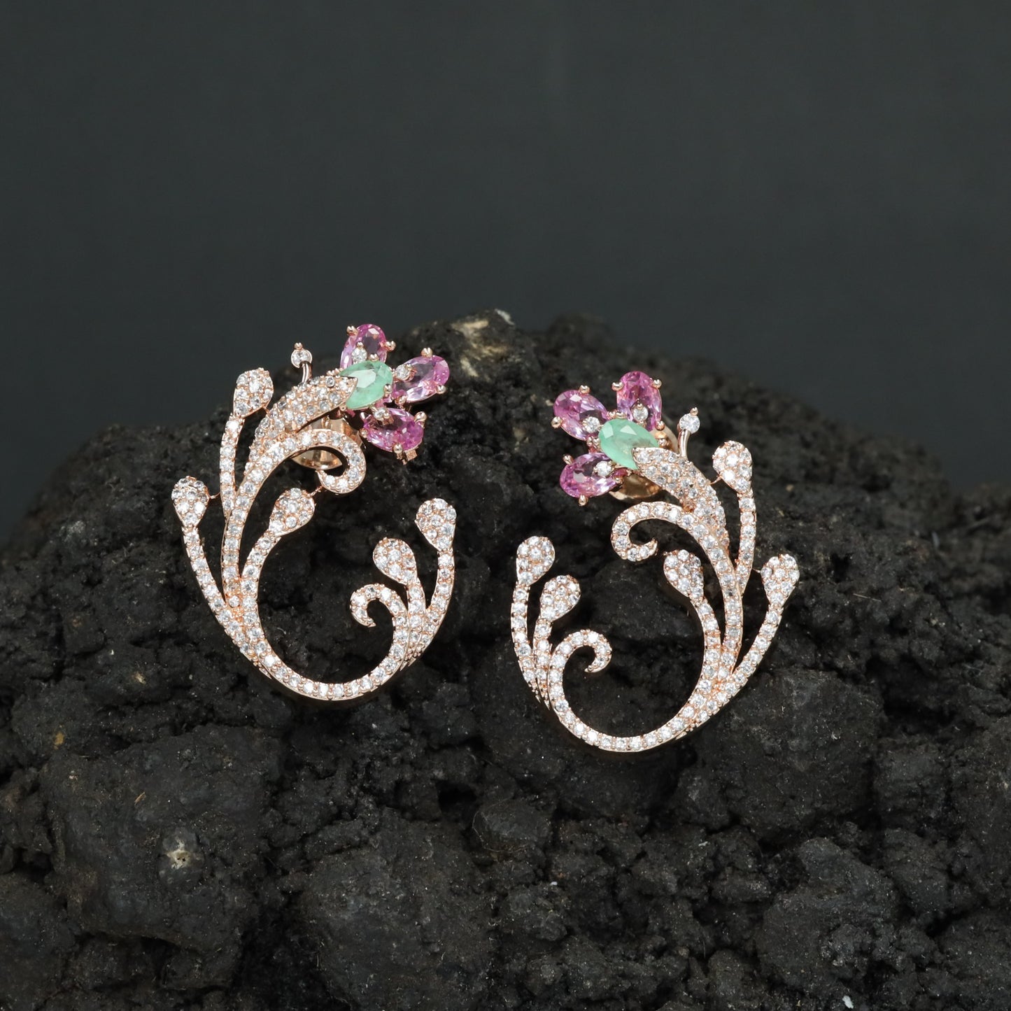 Decorative Floral Stud Earrings with Flowing Scroll Motif