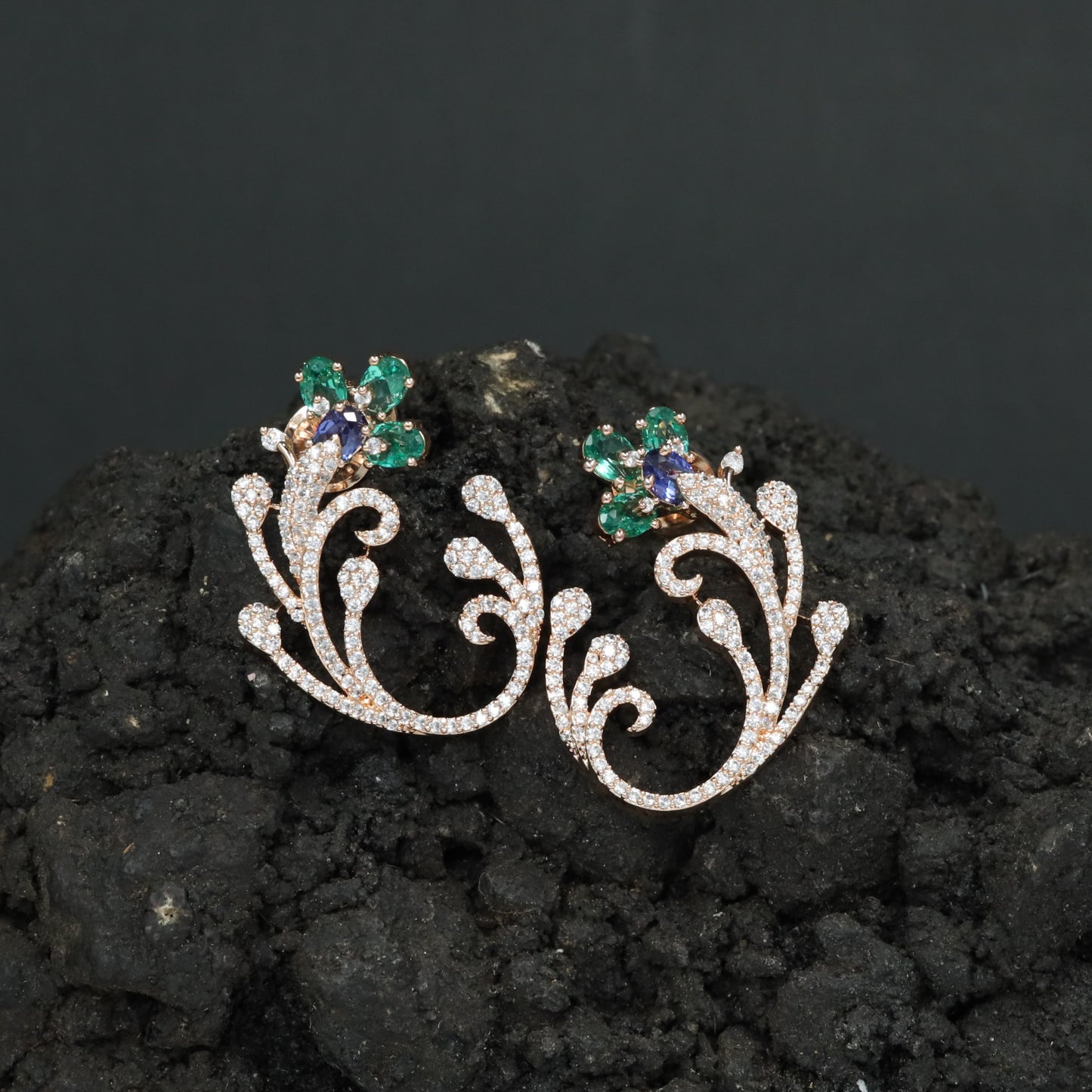 Decorative Floral Stud Earrings with Flowing Scroll Motif