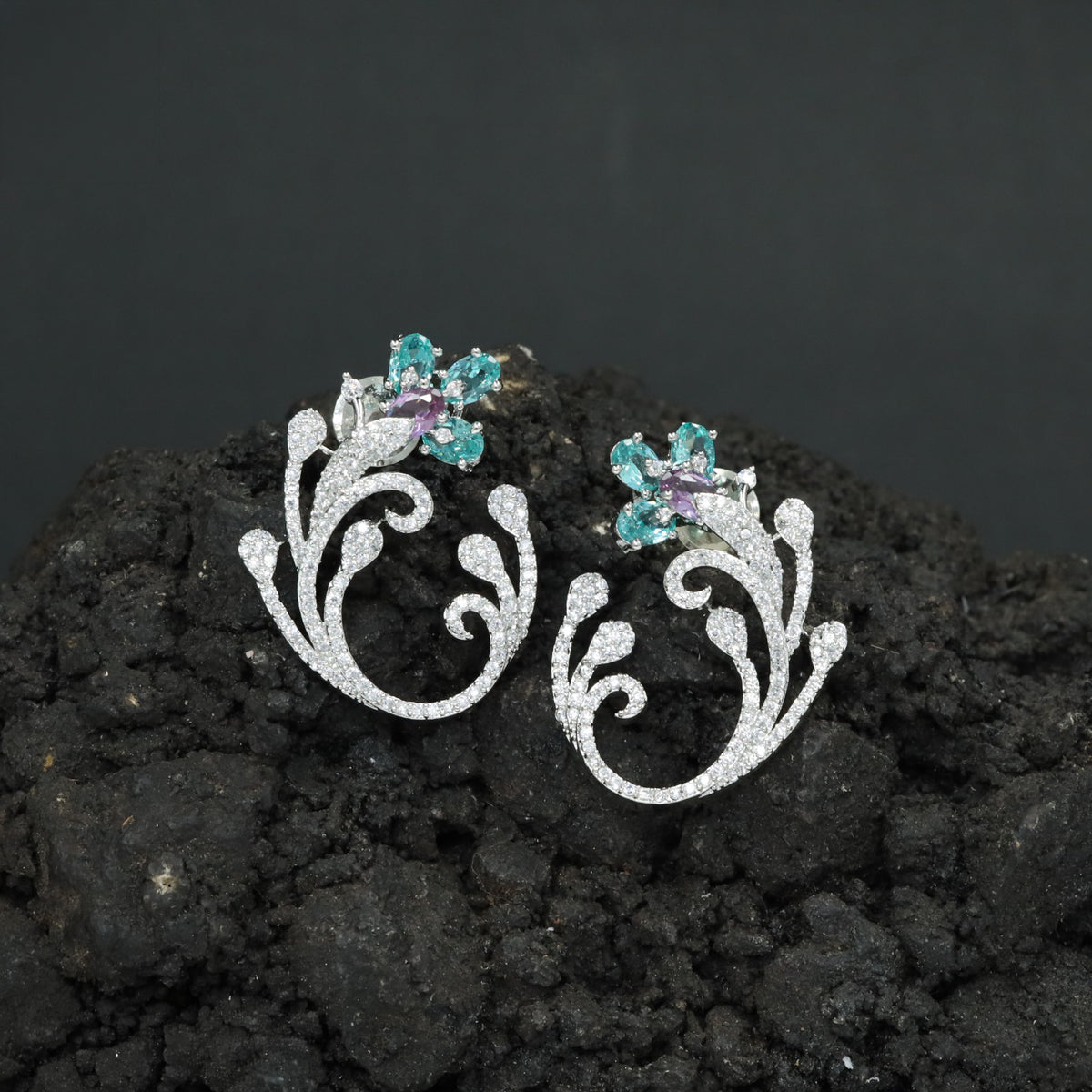 Rhodium Vine Stud with Floral Cluster