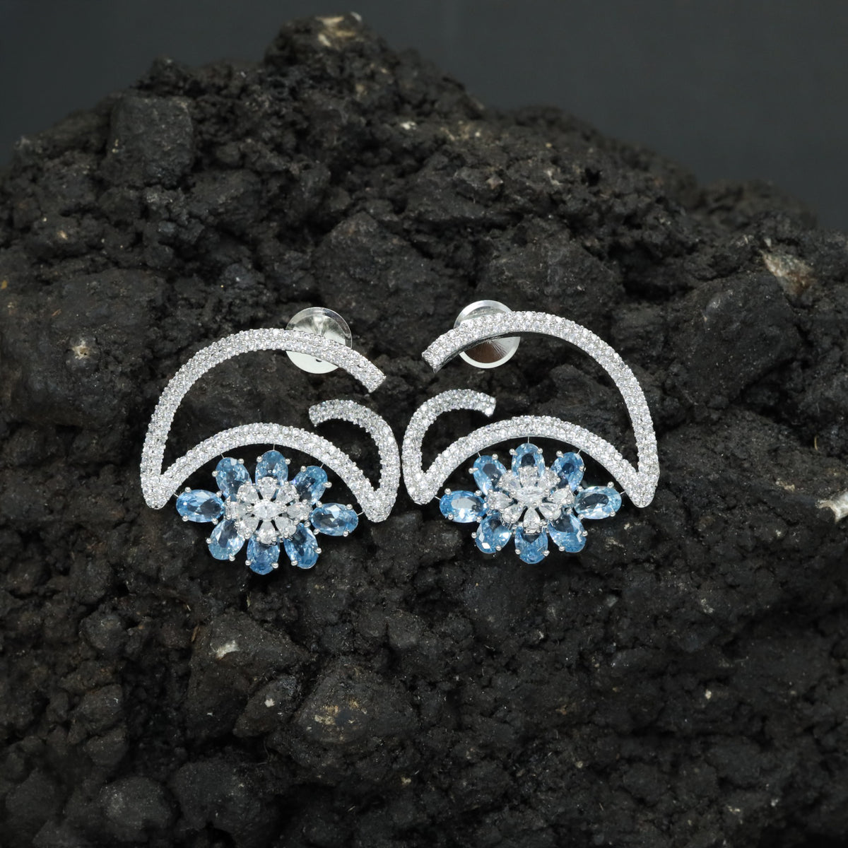 Rhodium Floral Stud with Sweeping Open Arches