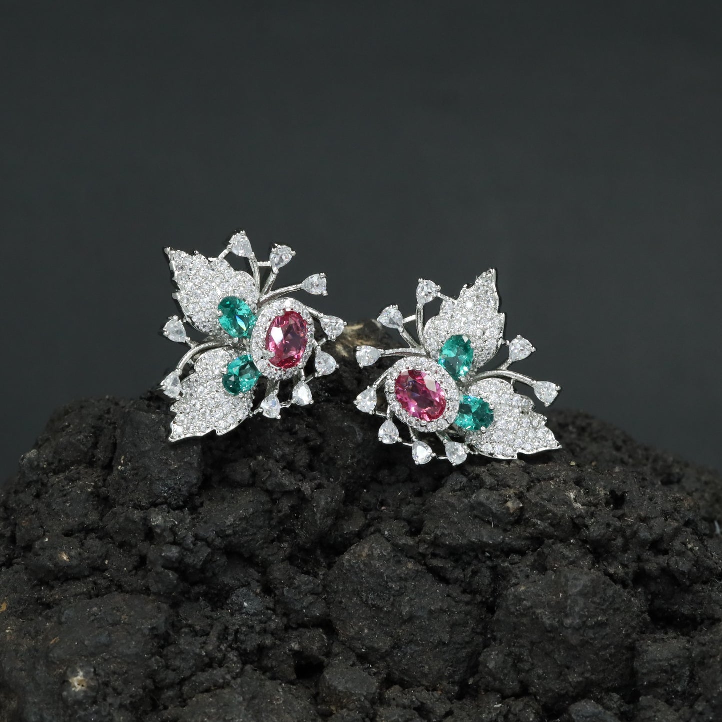 Botanical Spray Stud Earrings with Sculpted Leaf Detailing